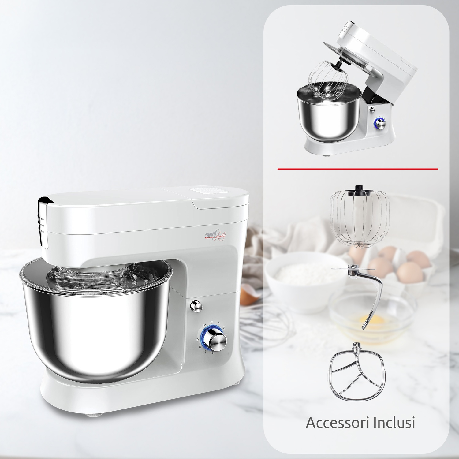 Un'impastatrice bianca con ciotola in acciaio inox. Include tre accessori. Ulteriori immagini mostrano l'impastatrice e gli accessori.