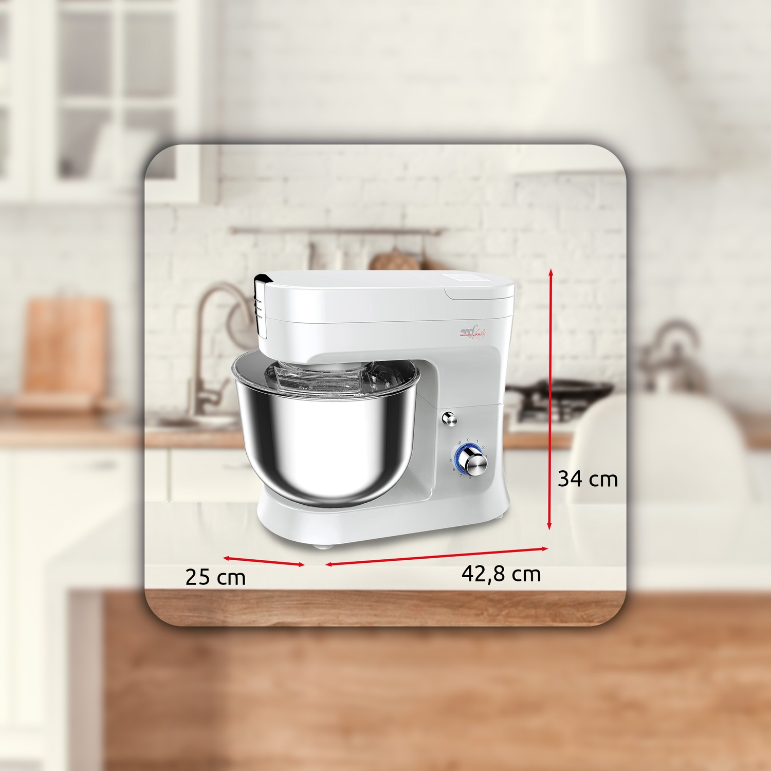 Un mixer da cucina bianco con una ciotola in acciaio inossidabile è su un piano di lavoro. Dimensioni: 25 cm, 42,8 cm e 34 cm.