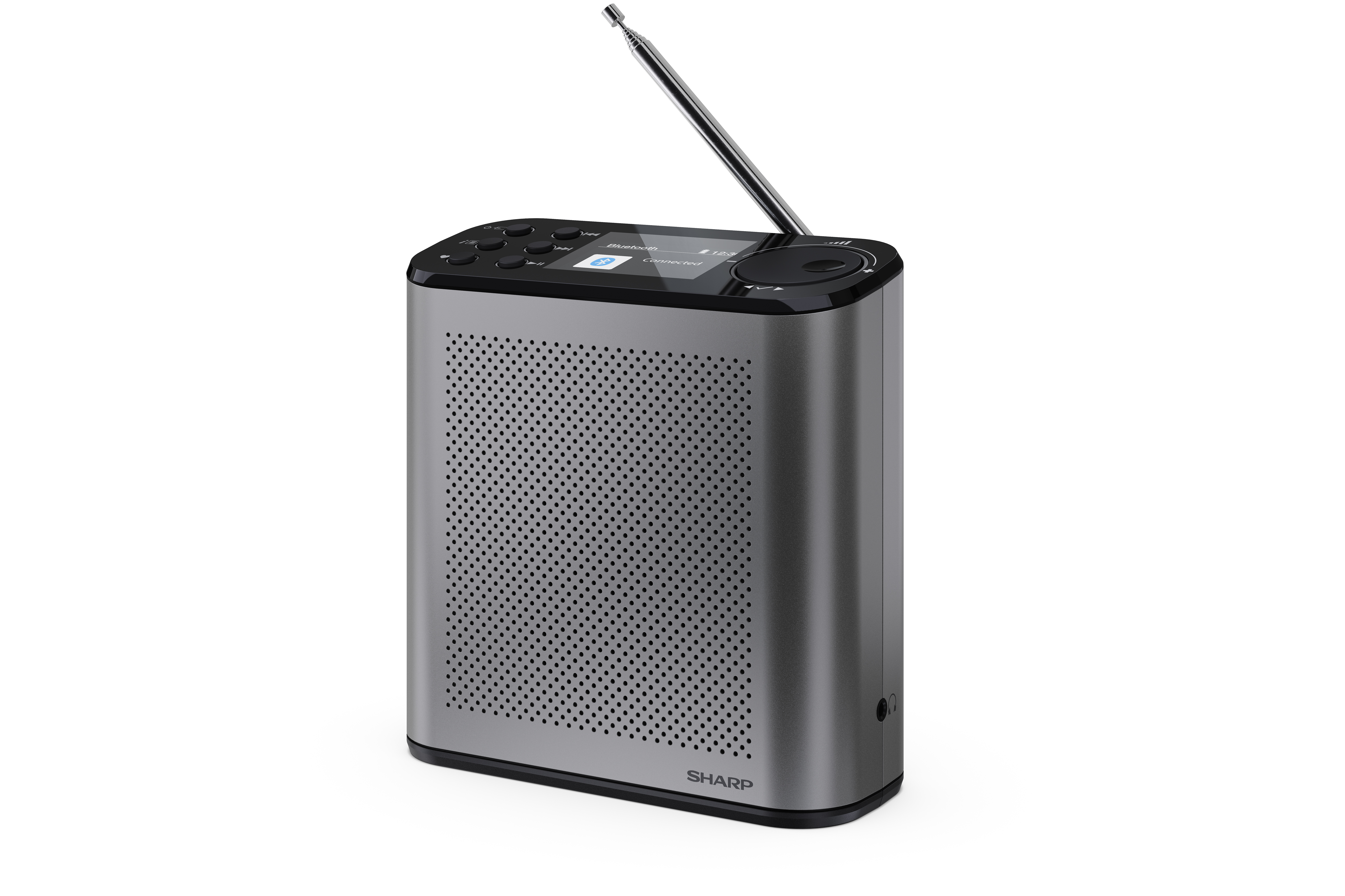 Srebrne radio Sharp z czarnym górnym panelem, wysuniętą anteną. Ma ekran i przyciski. Perforowany przód.