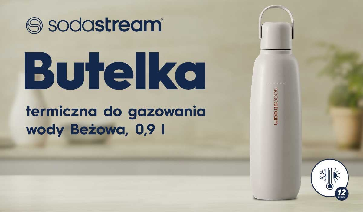 Butelka SodaStream z polskim tekstem. Butelka jest beżowa, z uchwytem. Stoi na stole. W rogu znajduje się ikona termiczna.