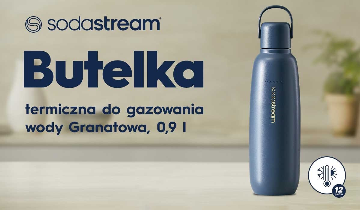 Niebieska butelka SodaStream z polskim tekstem, logo i ikoną wskazującą 12 godzin utrzymania temperatury.