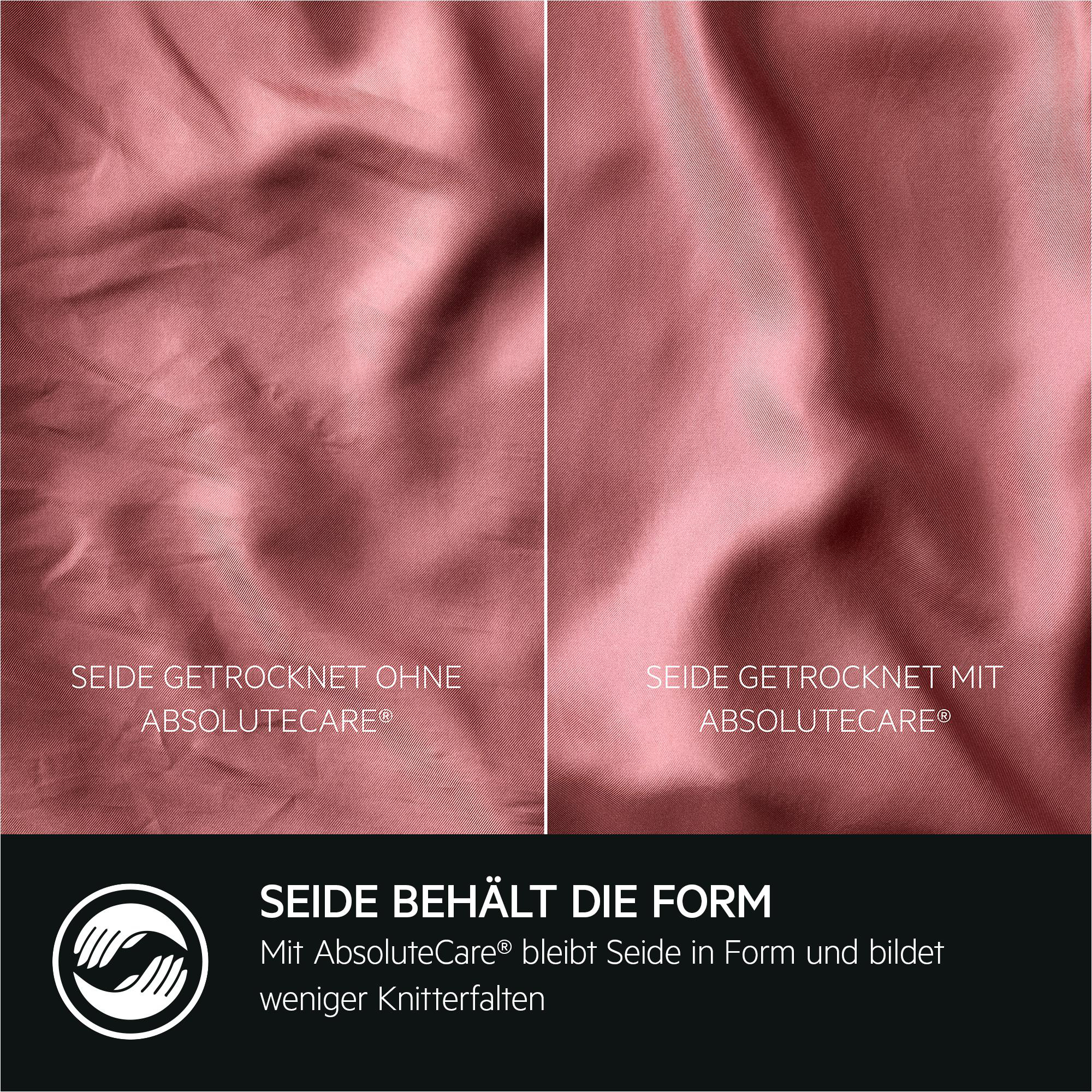 Vergleich von Seidenstoff, getrocknet mit und ohne AbsoluteCare. Links zerknittert, rechts glatter Stoff.