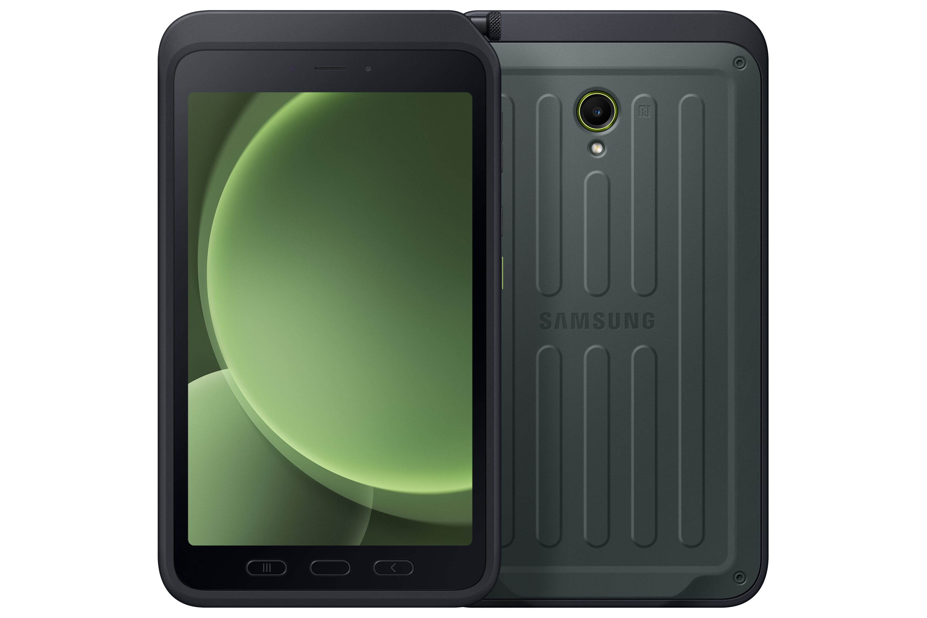 Smartphone resistente con pantalla verde y parte trasera gris oscura. Cámara y logo Samsung visibles.