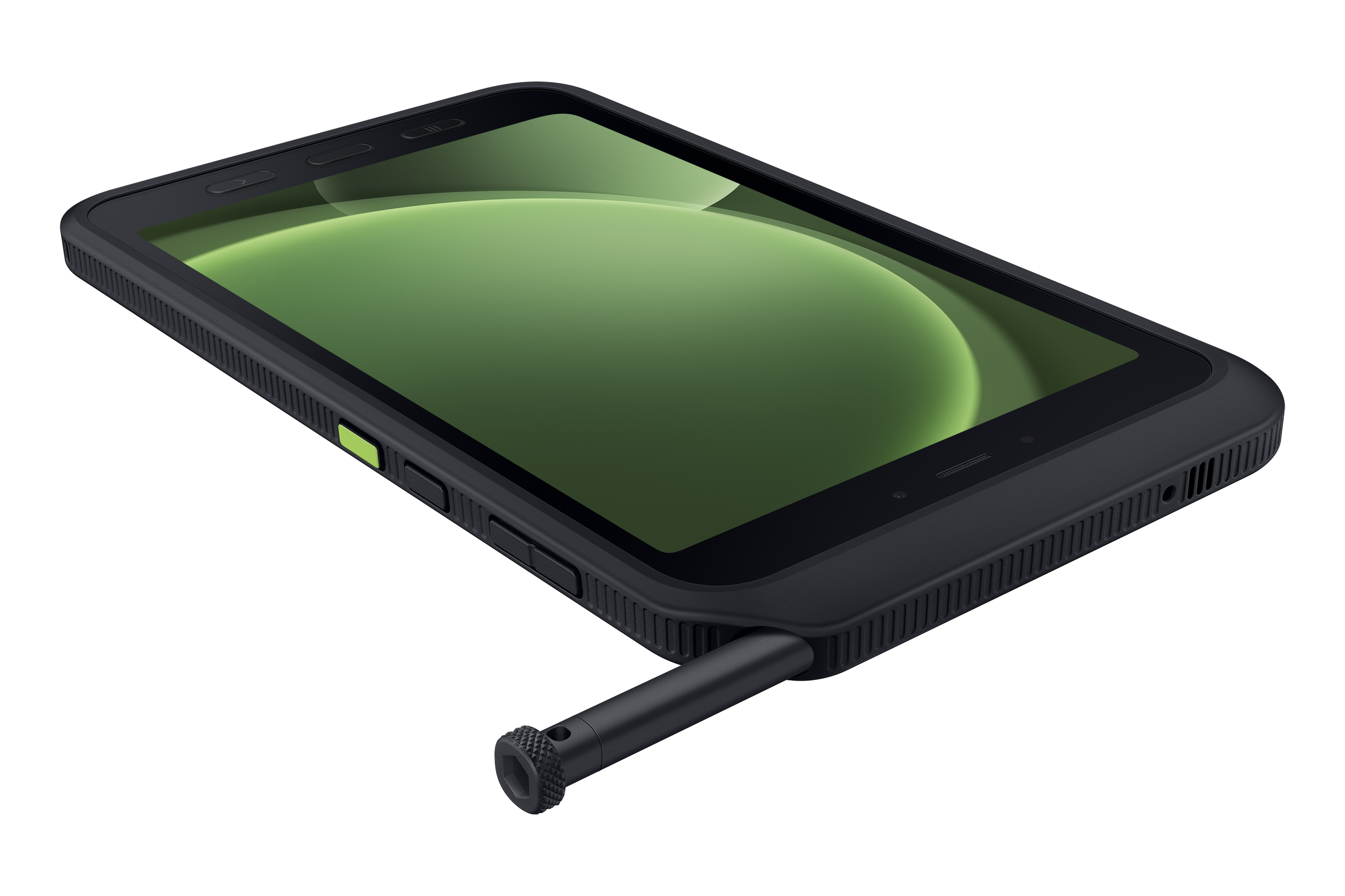 Smartphone negro con pantalla verde y lápiz óptico sobre fondo negro. El teléfono tiene una funda protectora.