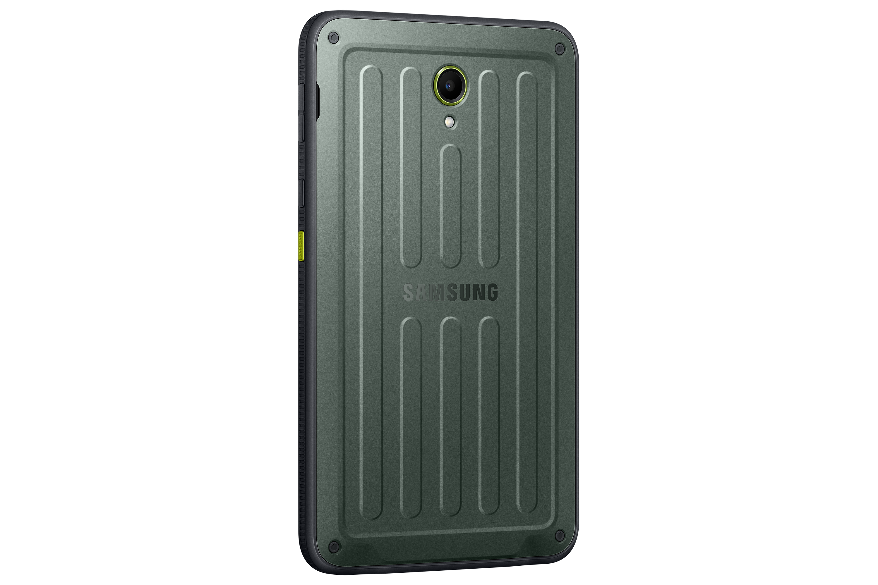 Una tableta Samsung verde y resistente. Presenta una cámara, el logotipo de Samsung y ranuras verticales en la parte trasera. Fondo oscuro.