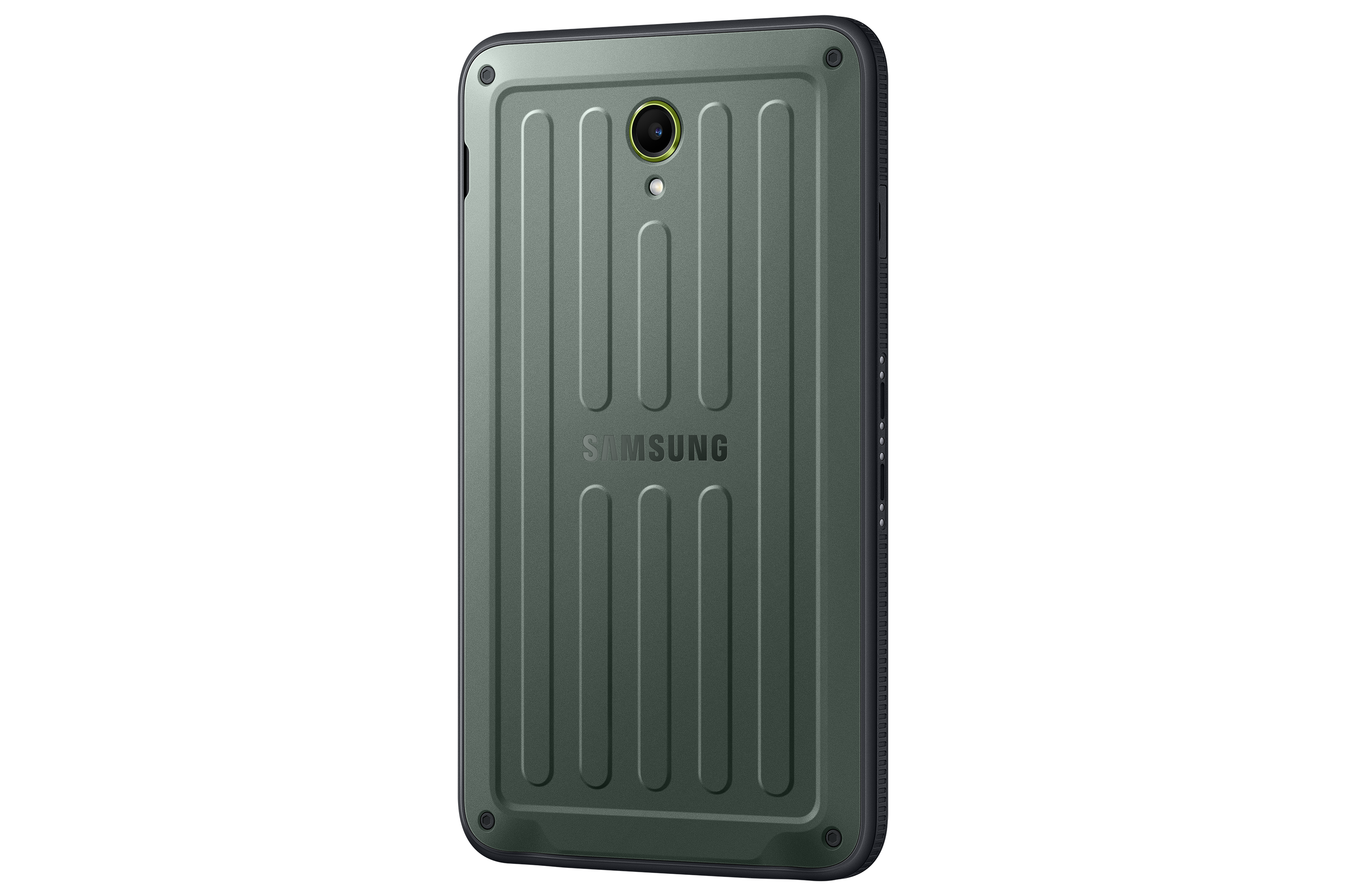 La parte trasera de un teléfono verde resistente con lente de cámara y el logotipo de Samsung, sobre fondo negro.