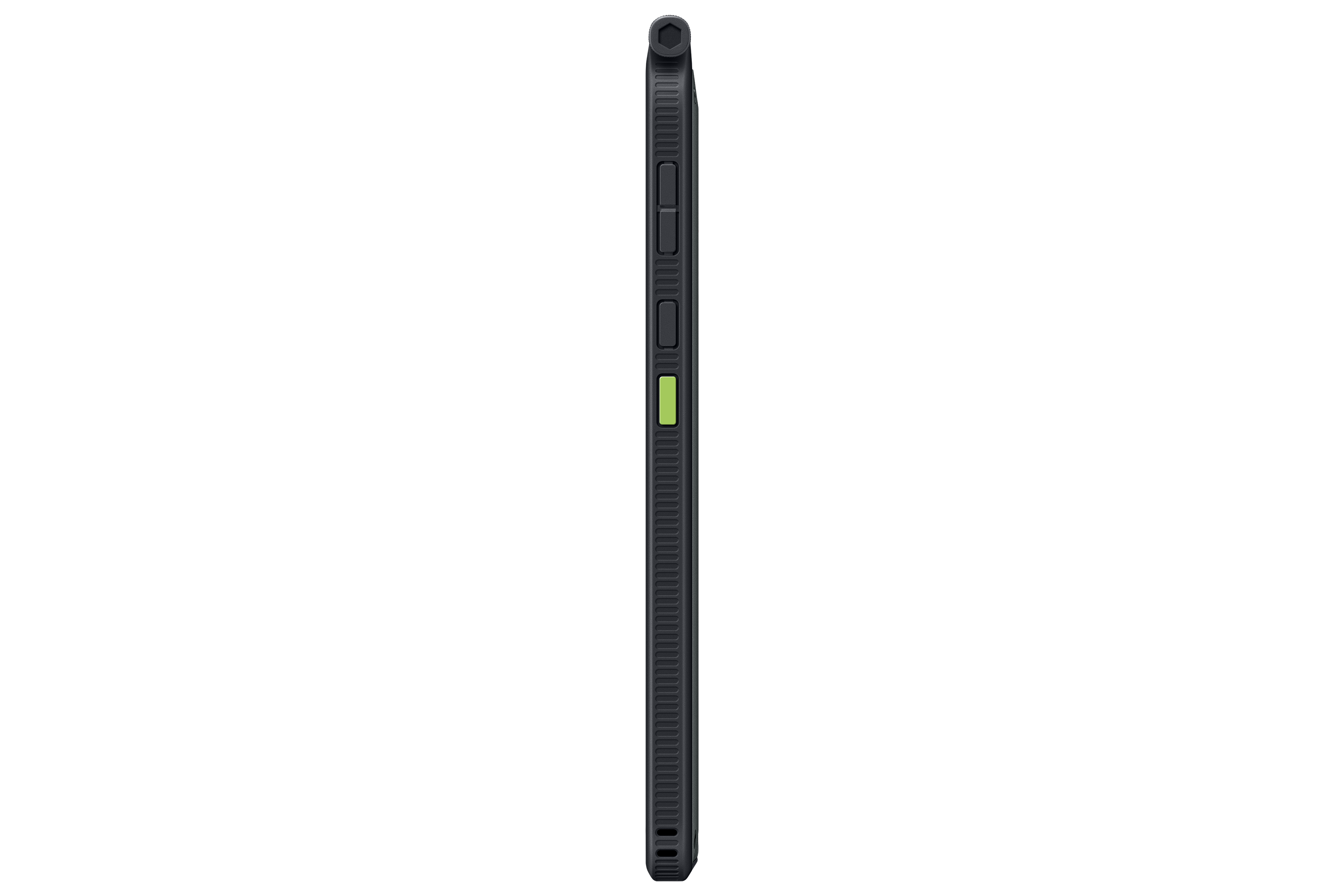 Se ve el lateral de una funda oscura y texturizada para teléfono, con botones y un acento verde sobre un fondo negro.