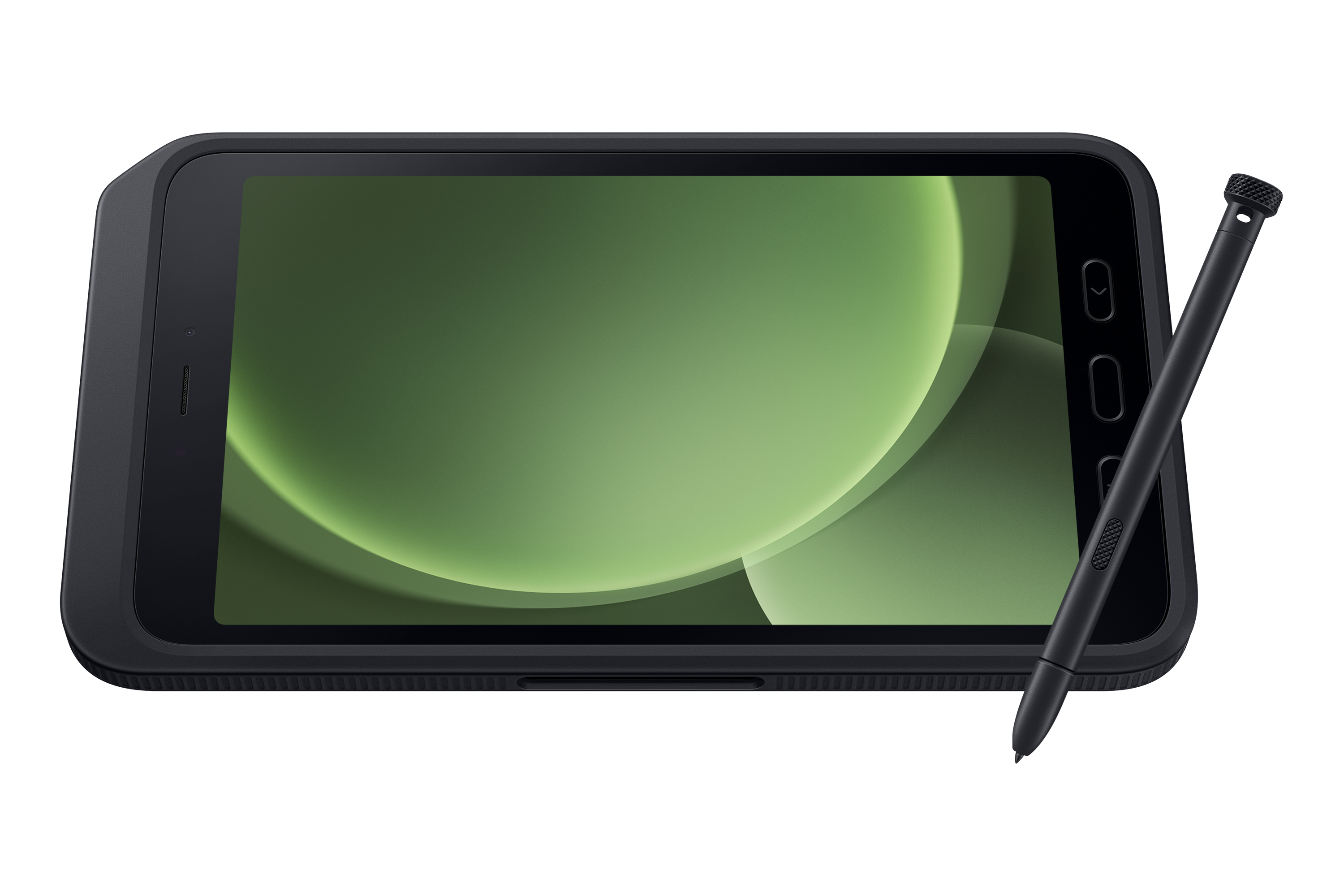 Una tableta negra con pantalla verde y un lápiz óptico. La pantalla muestra un degradado verde. El fondo es negro.