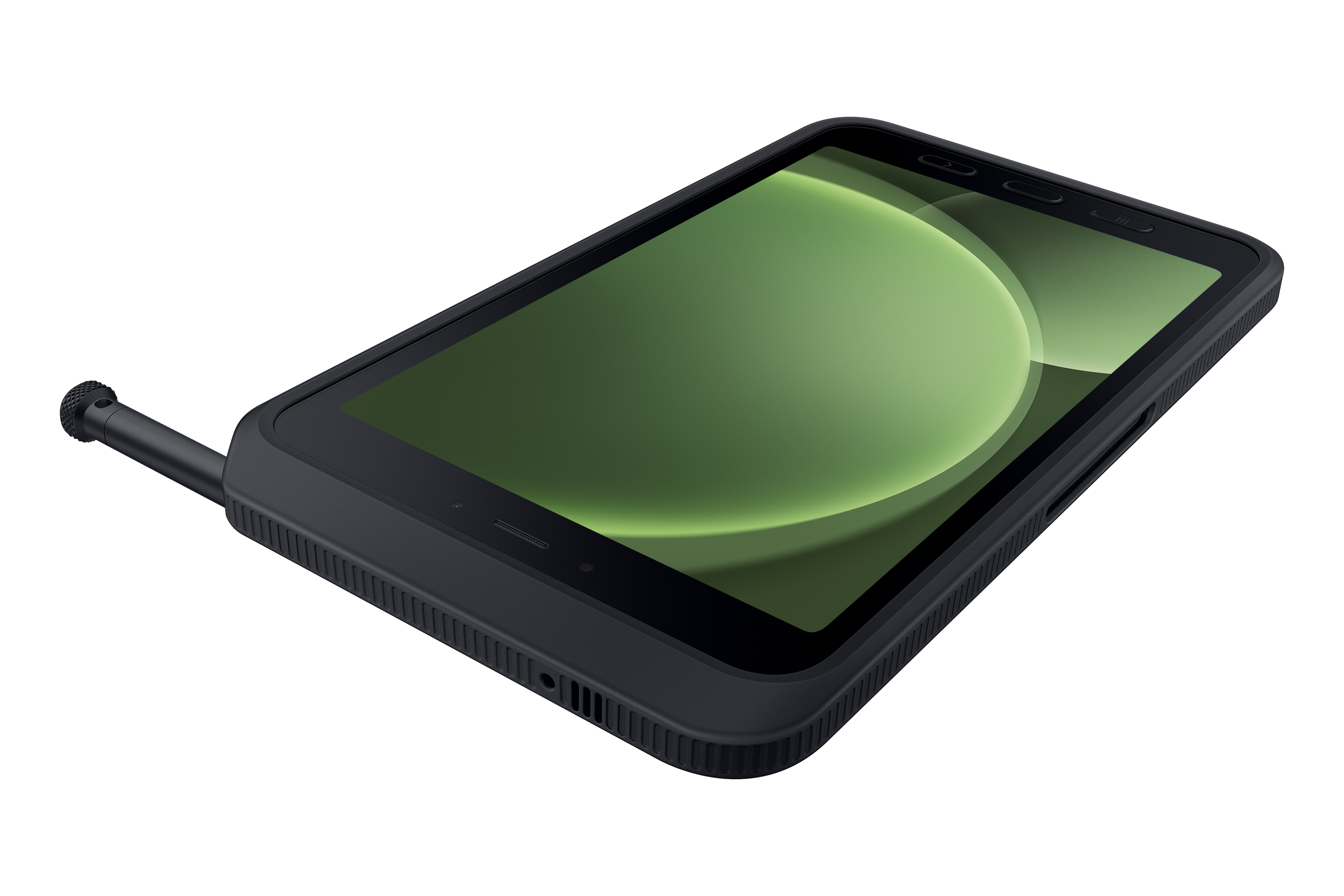 Smartphone gris oscuro con pantalla verde. Un lápiz óptico está adjunto. El fondo es negro.