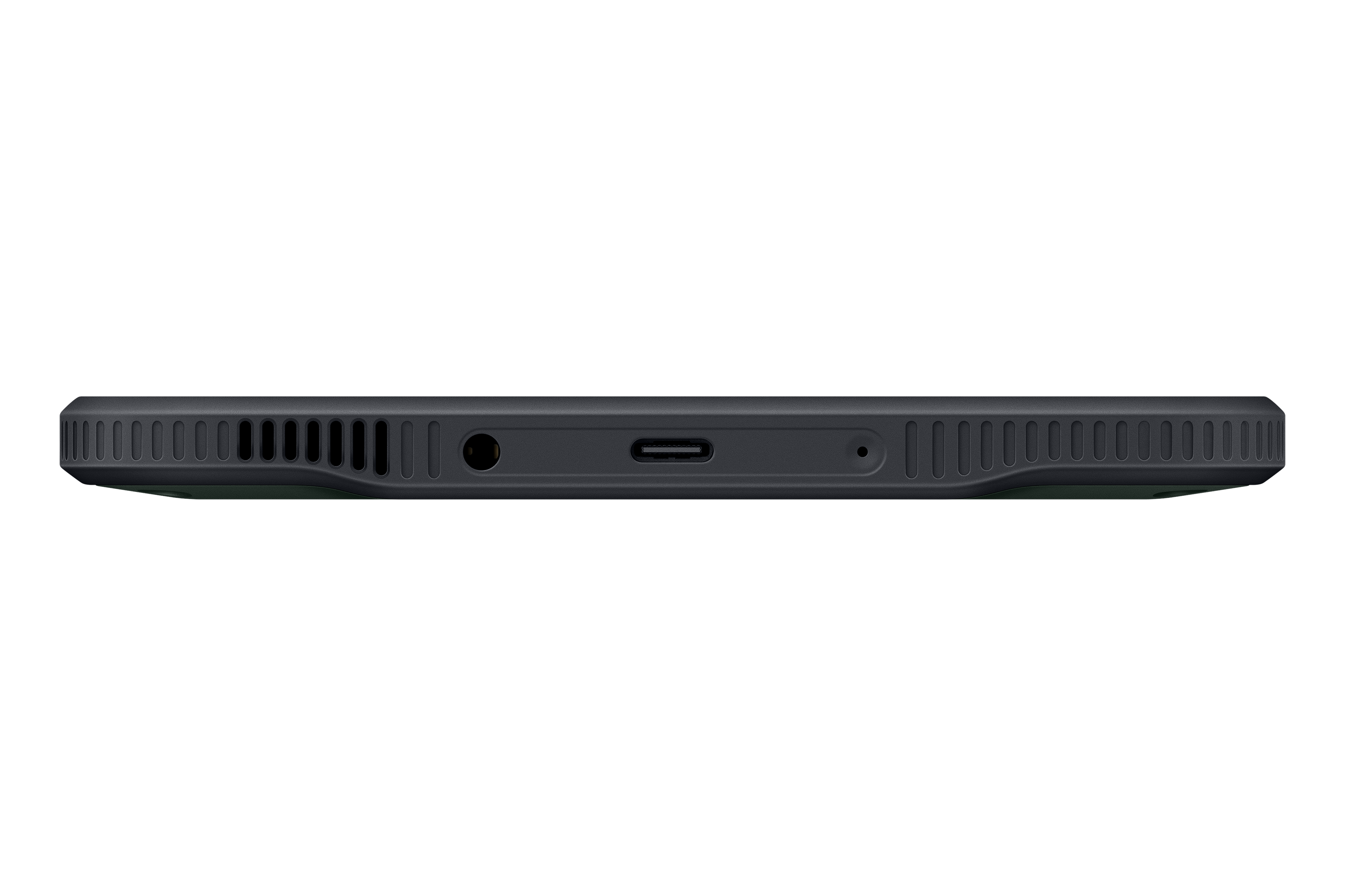 Borde inferior gris oscuro de un dispositivo contra el negro. Incluye conector para auriculares, USB-C y orificios.