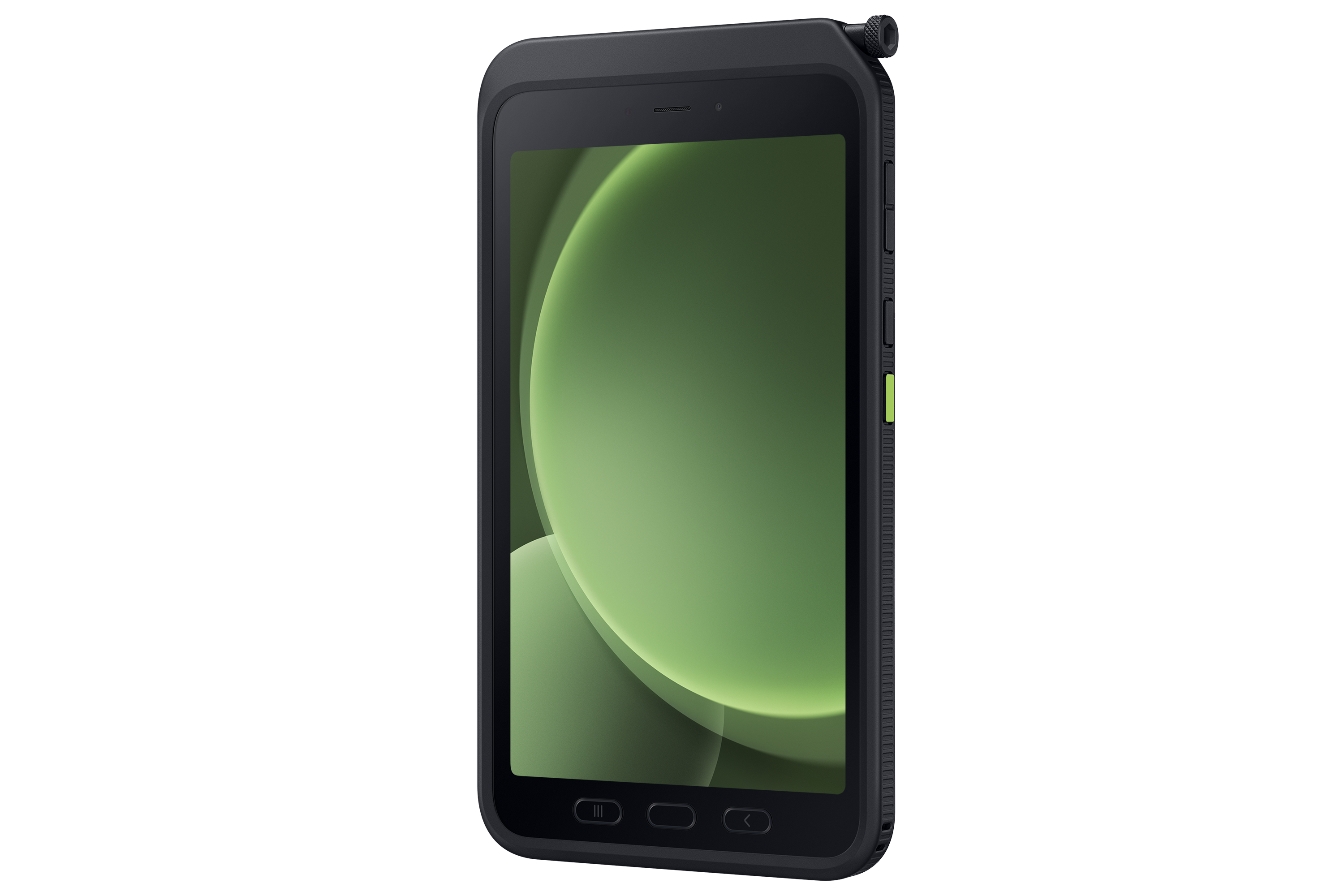 Un teléfono inteligente negro con una pantalla verde que muestra un diseño verde borroso. Tiene botones laterales y un tornillo.