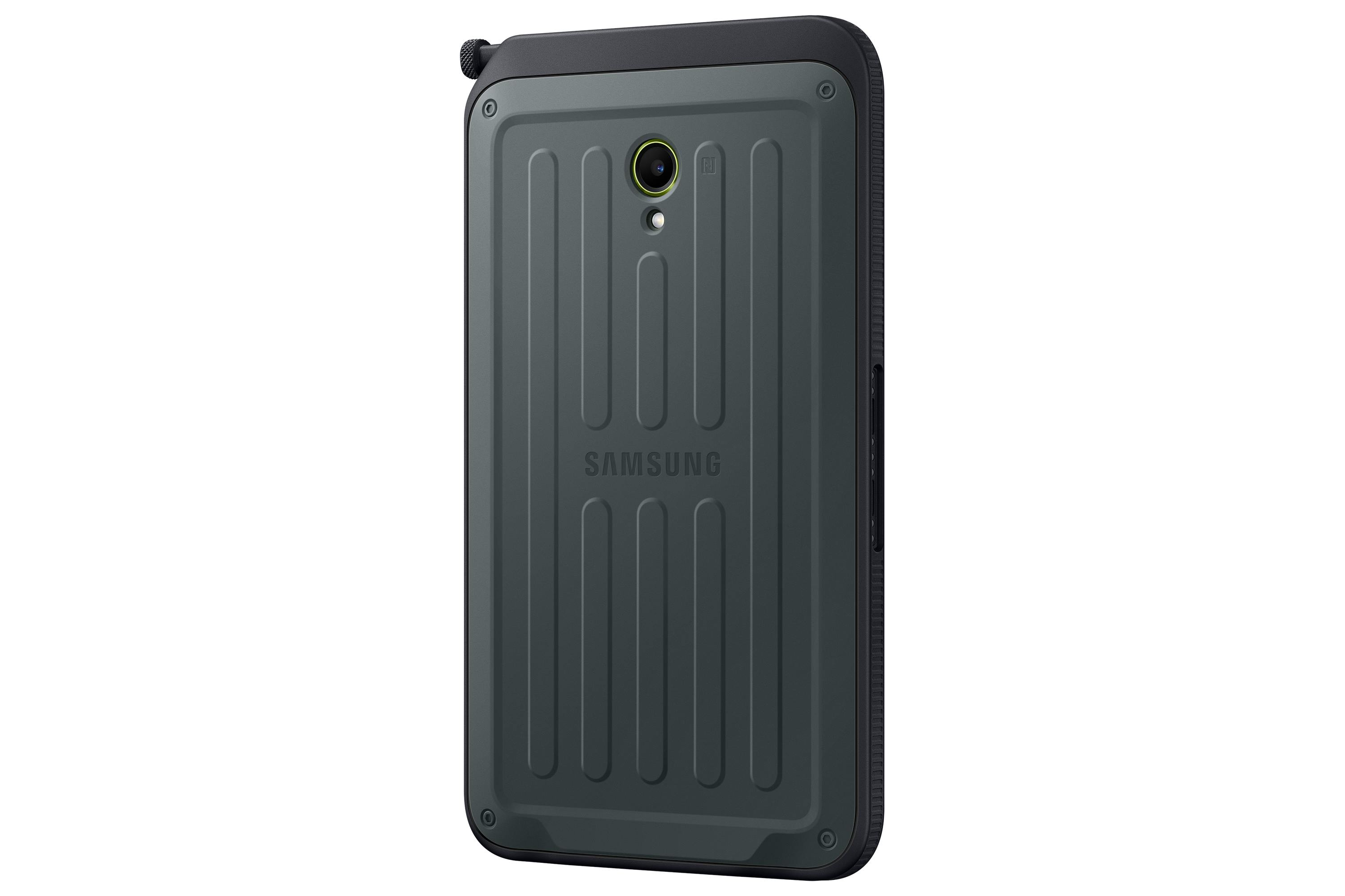 Un teléfono Samsung verde oscuro con una parte trasera texturizada. Tiene una cámara y un marco negro.