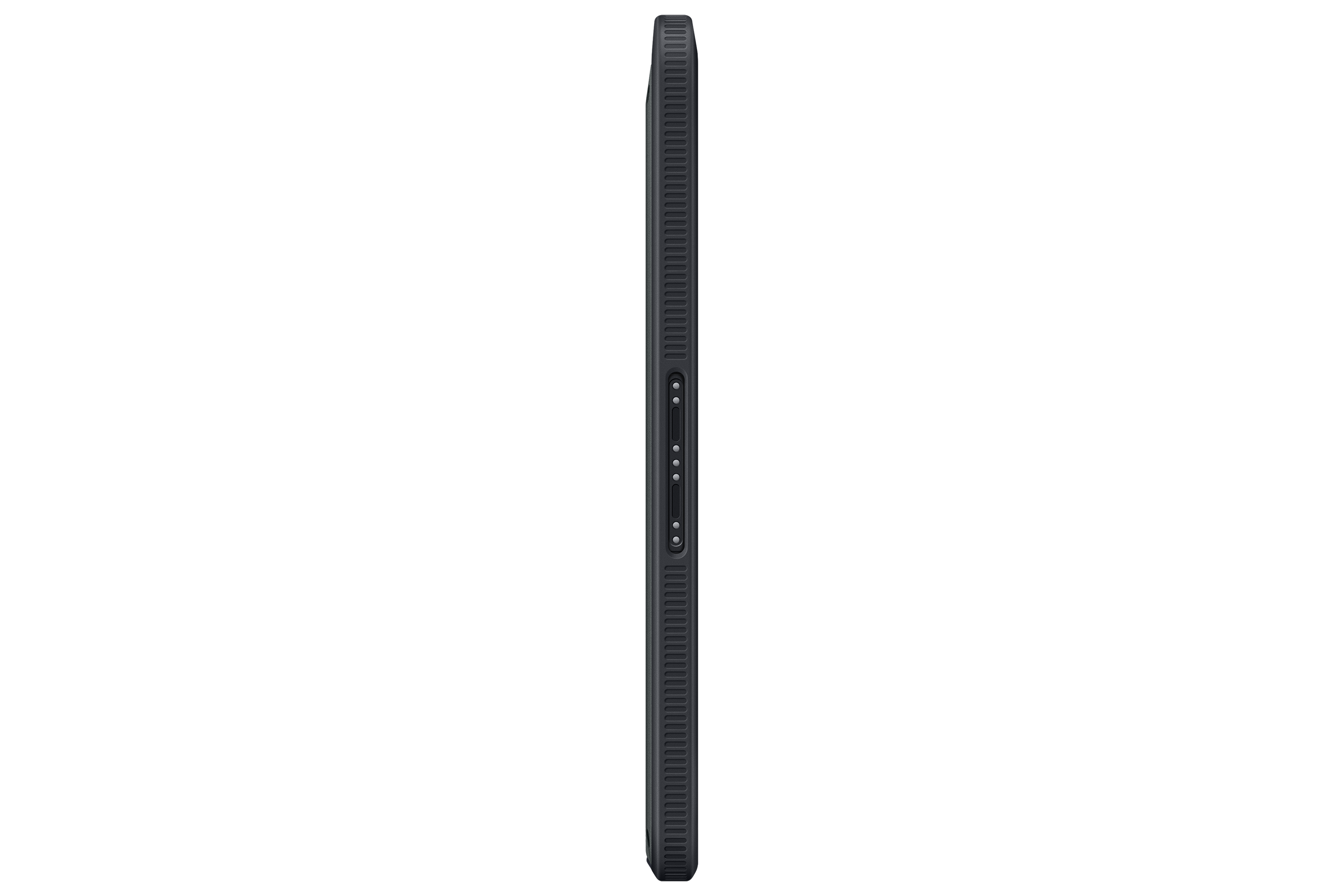 Vista lateral de una funda de teléfono gris oscuro. La funda tiene una textura acanalada y algunos botones.