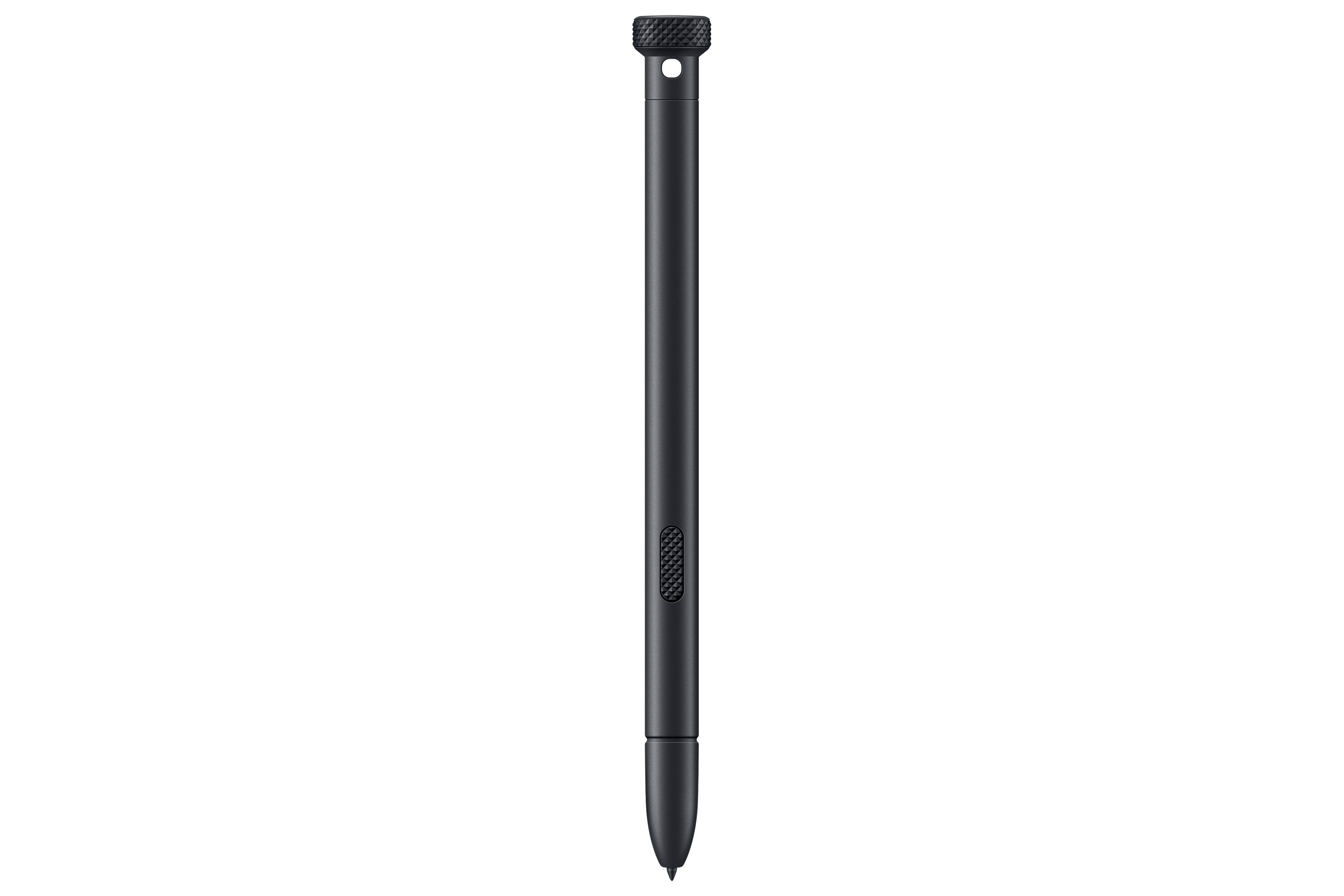 Un bolígrafo negro sobre fondo negro. Tiene una parte superior texturizada y una punta afilada.