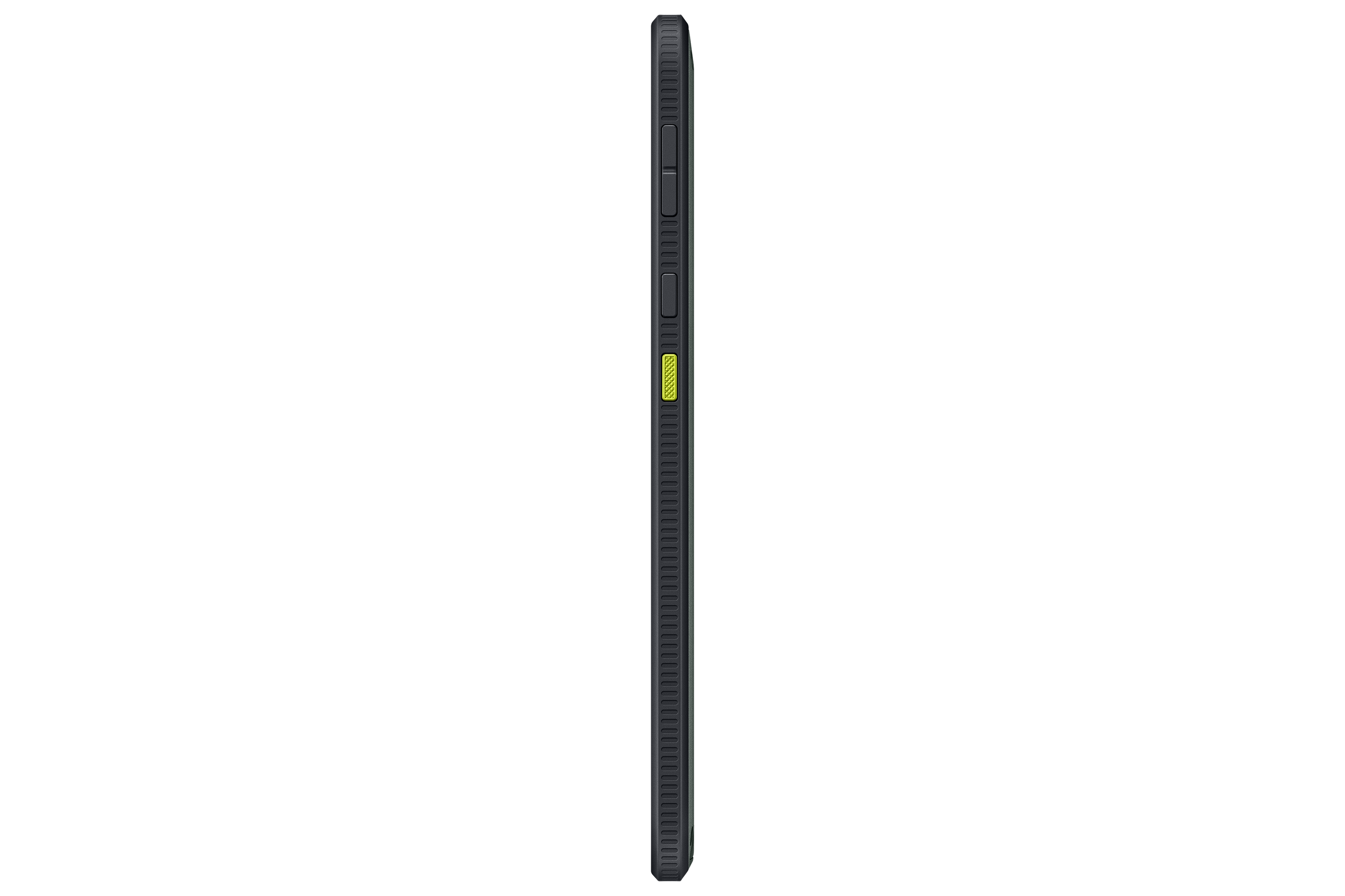 Vista lateral de un teléfono negro. Tiene una funda texturizada con botones y un acento amarillo.