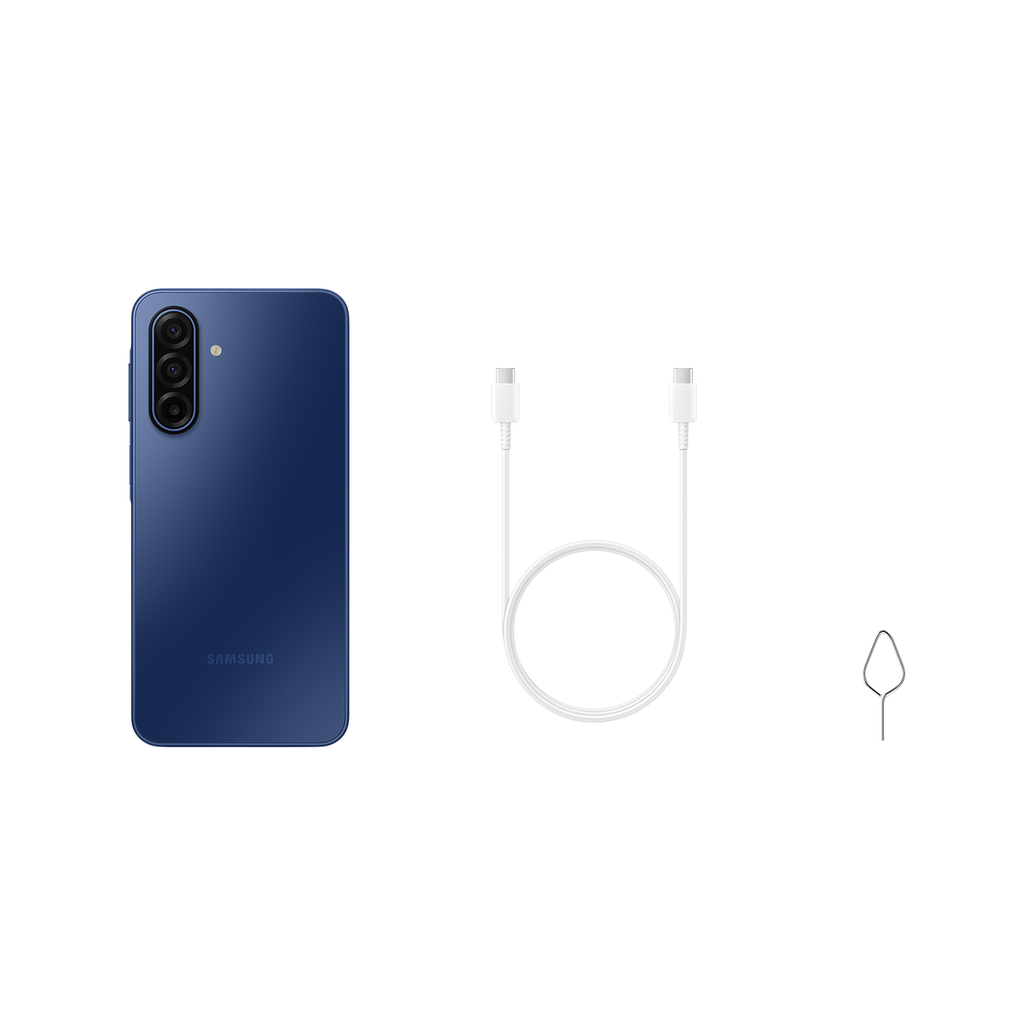 Teléfono Samsung azul, cable USB-C blanco, herramienta de expulsión SIM sobre fondo blanco.