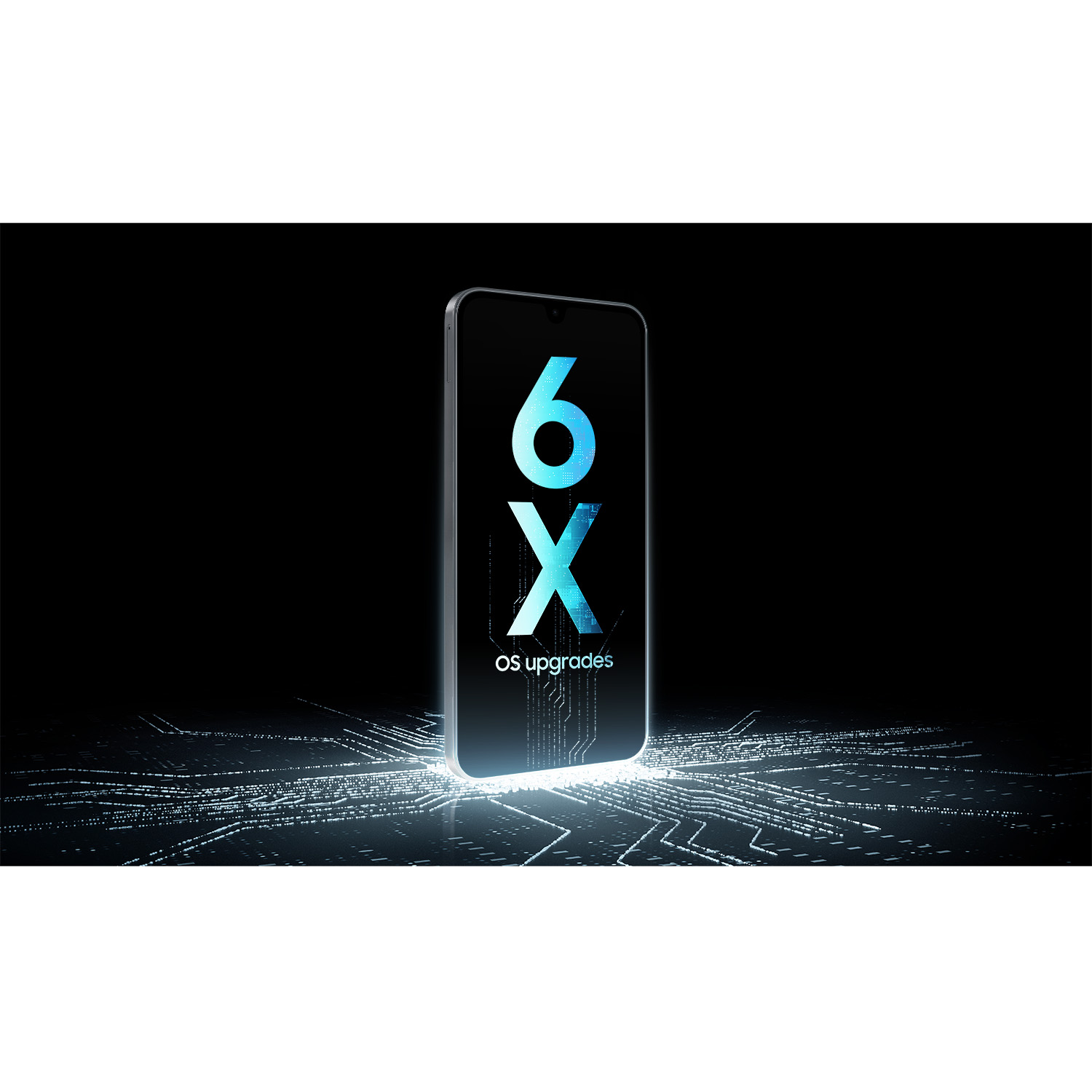 Un smartphone con el texto "6X OS upgrades" en la pantalla. Brilla sobre un fondo negro con patrones de circuitos digitales.