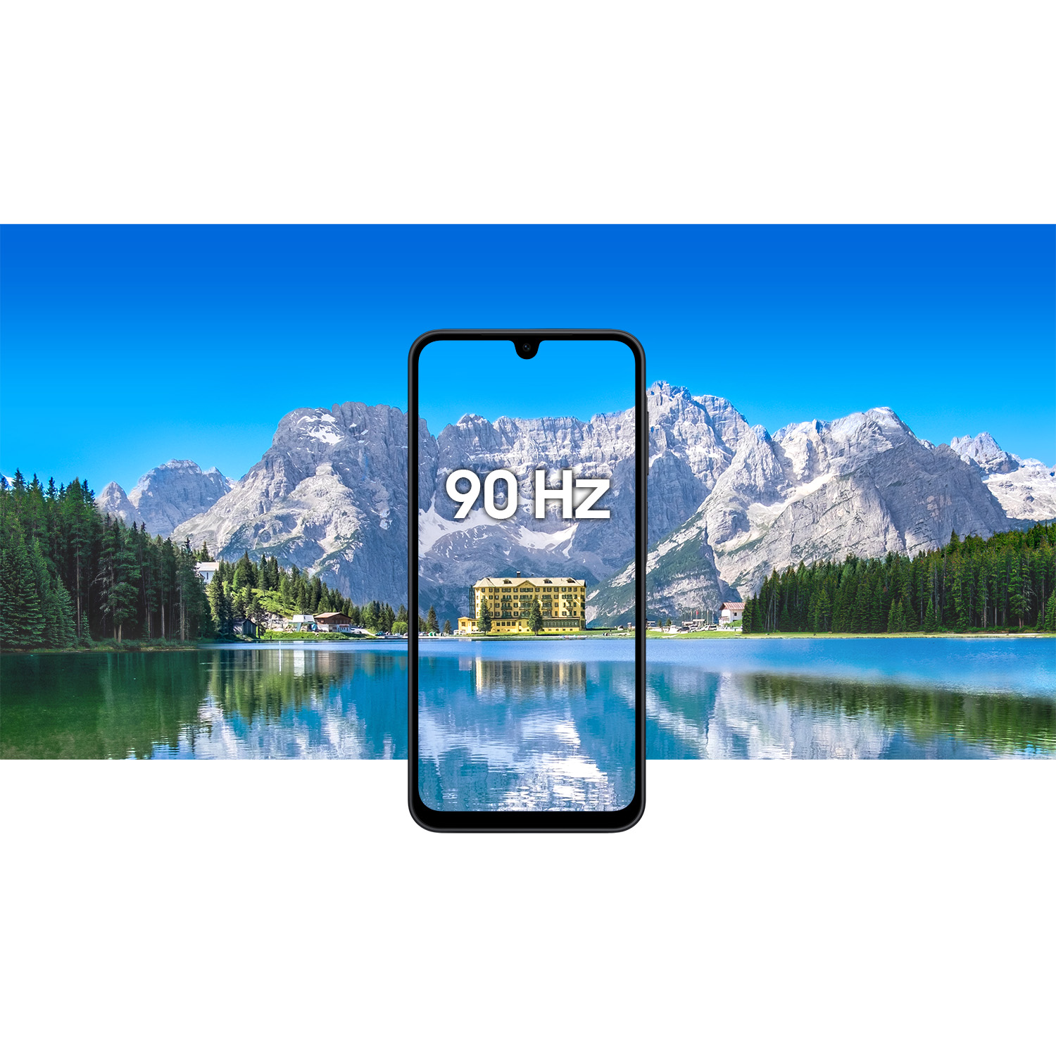 Un smartphone muestra una vista panorámica de montañas, un lago y un edificio. La pantalla muestra "90 Hz".