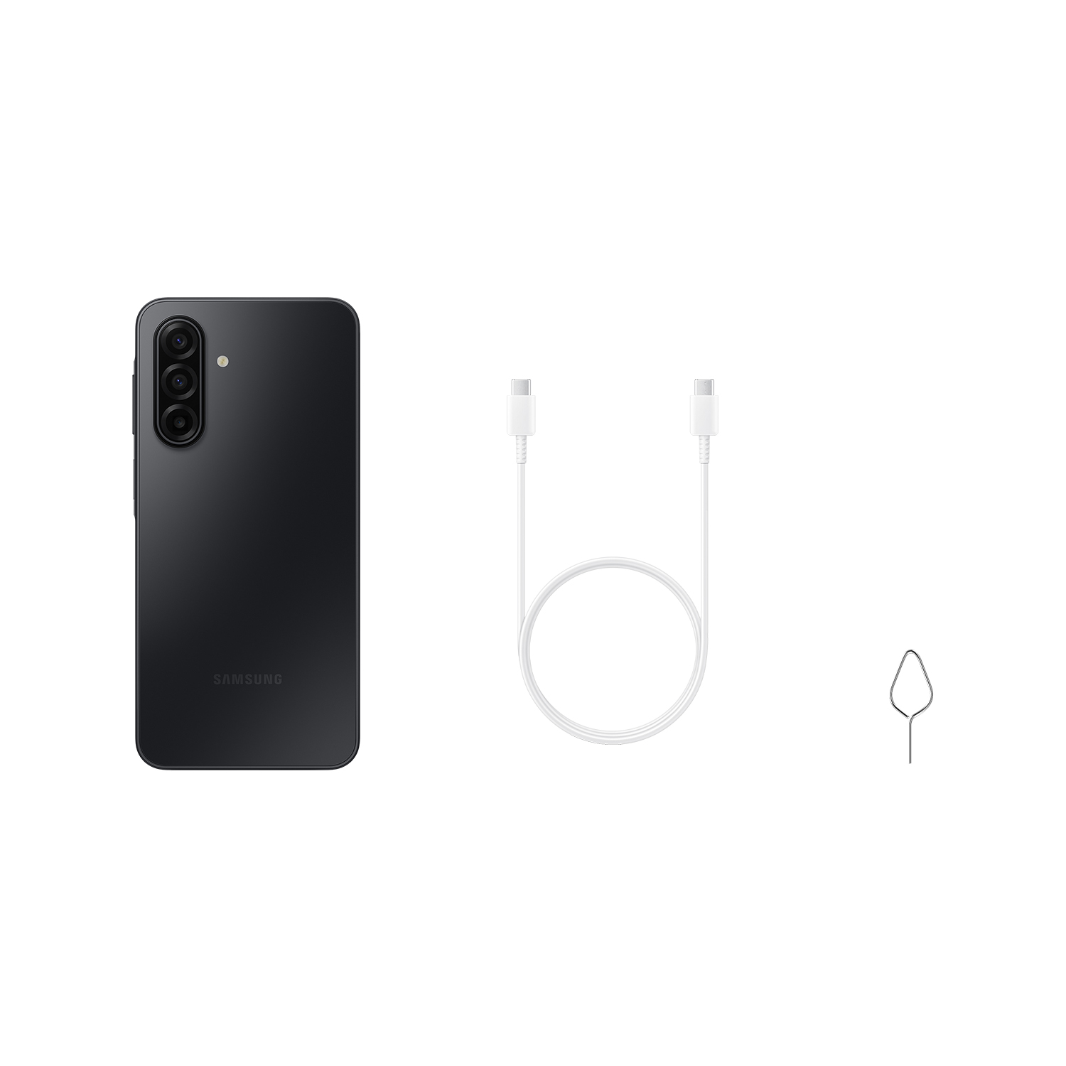 Teléfono Samsung negro, cable USB-C blanco y herramienta de expulsión de SIM sobre fondo blanco. El teléfono tiene tres cámaras traseras.