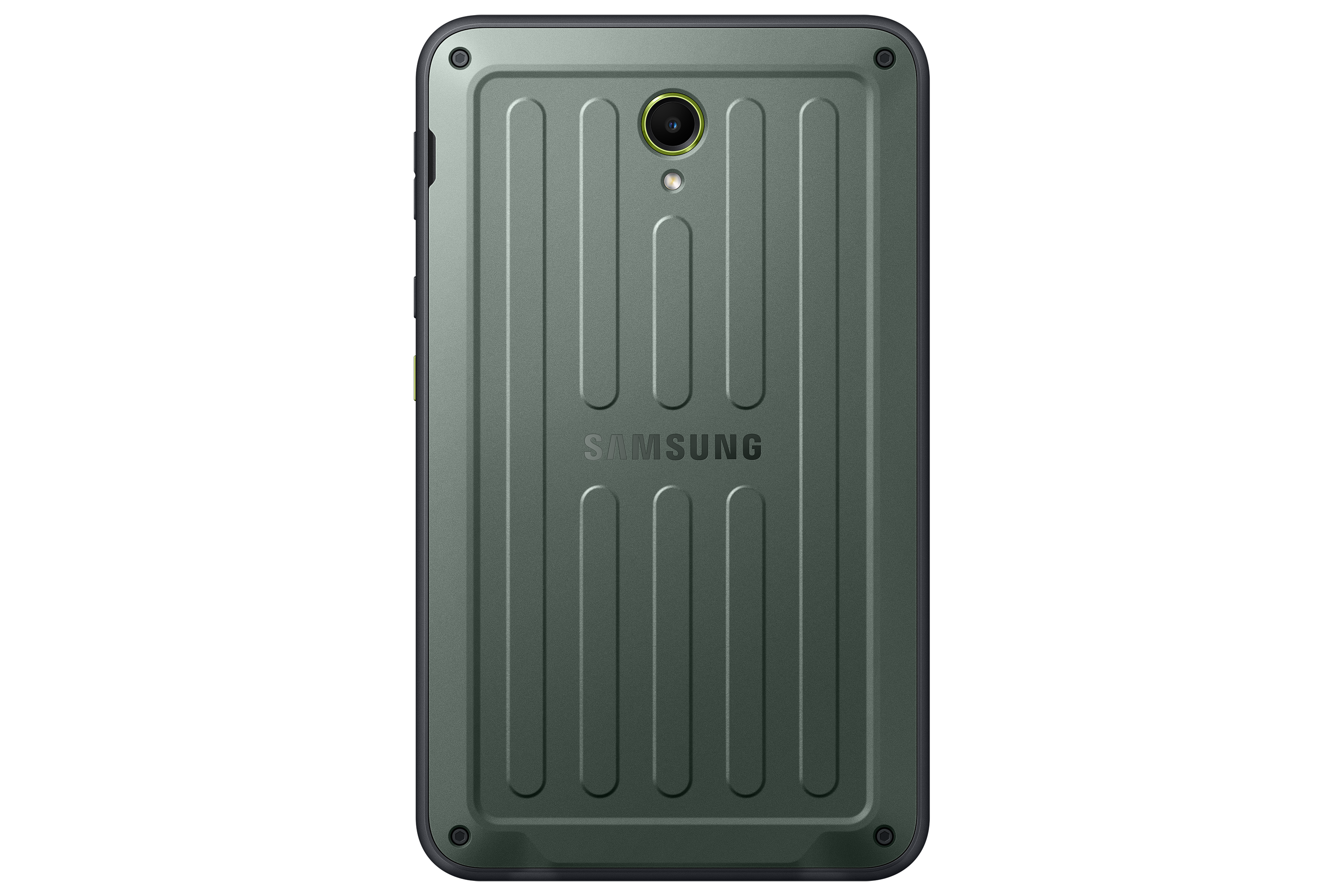 Parte trasera de una tableta Samsung verde oscuro. Tiene cámara, flash y el logo de Samsung. Fondo negro.
