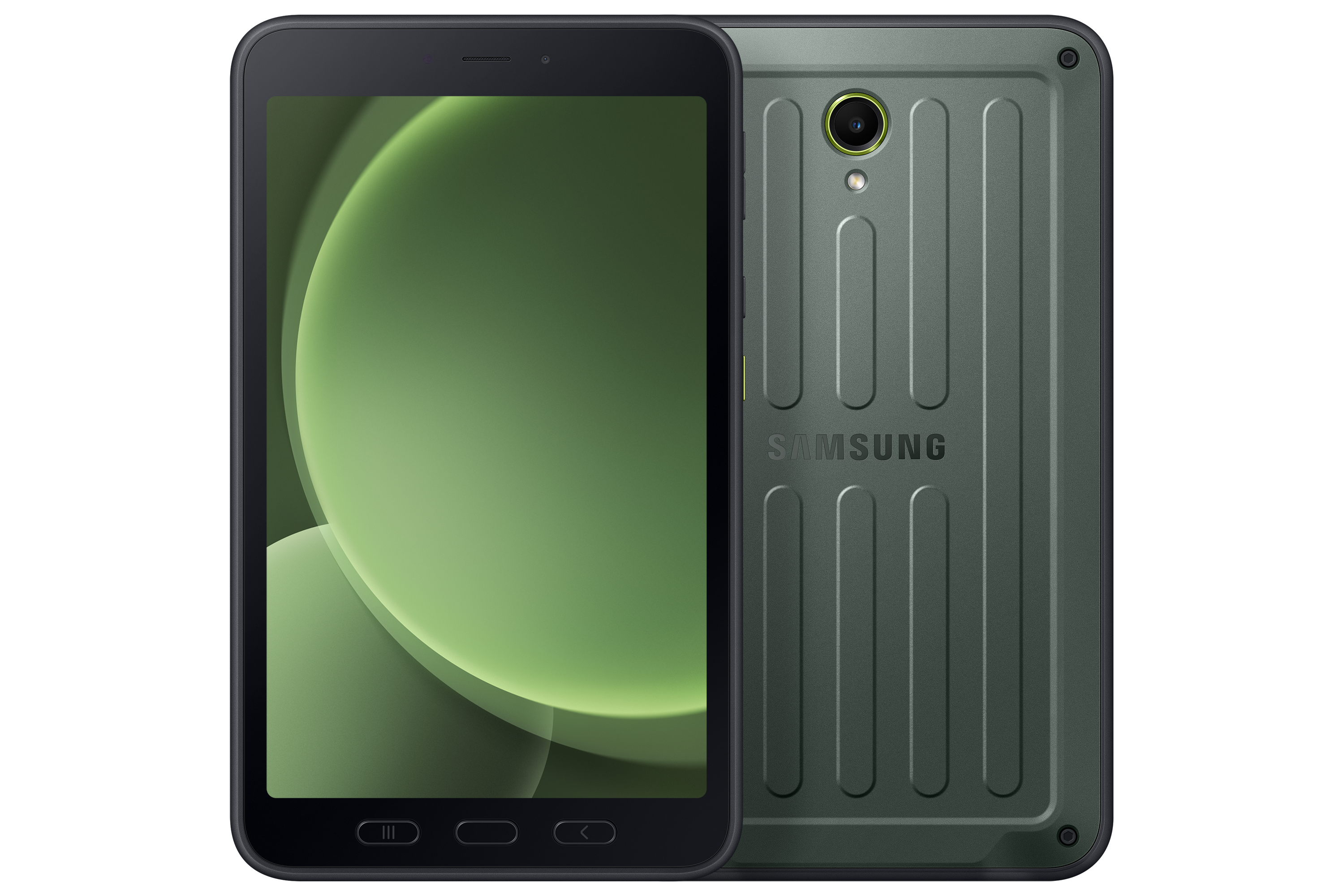 Tableta con pantalla verde, mostrando un diseño verde. La parte trasera es verde oscuro con el logotipo de Samsung. Fondo negro.