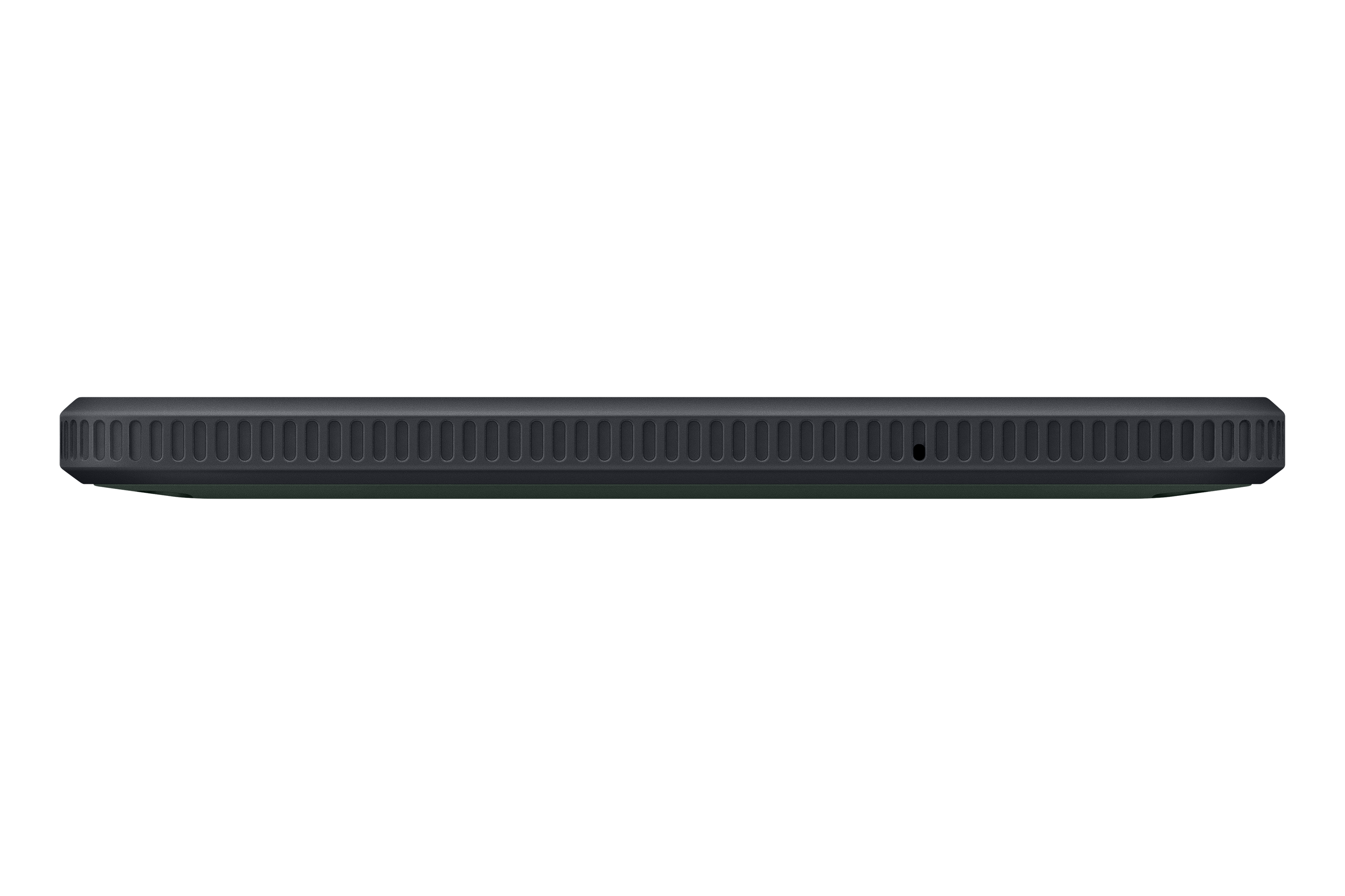 Lateral de dispositivo rectangular gris oscuro sobre fondo negro. Parte superior acanalada, pequeño orificio.