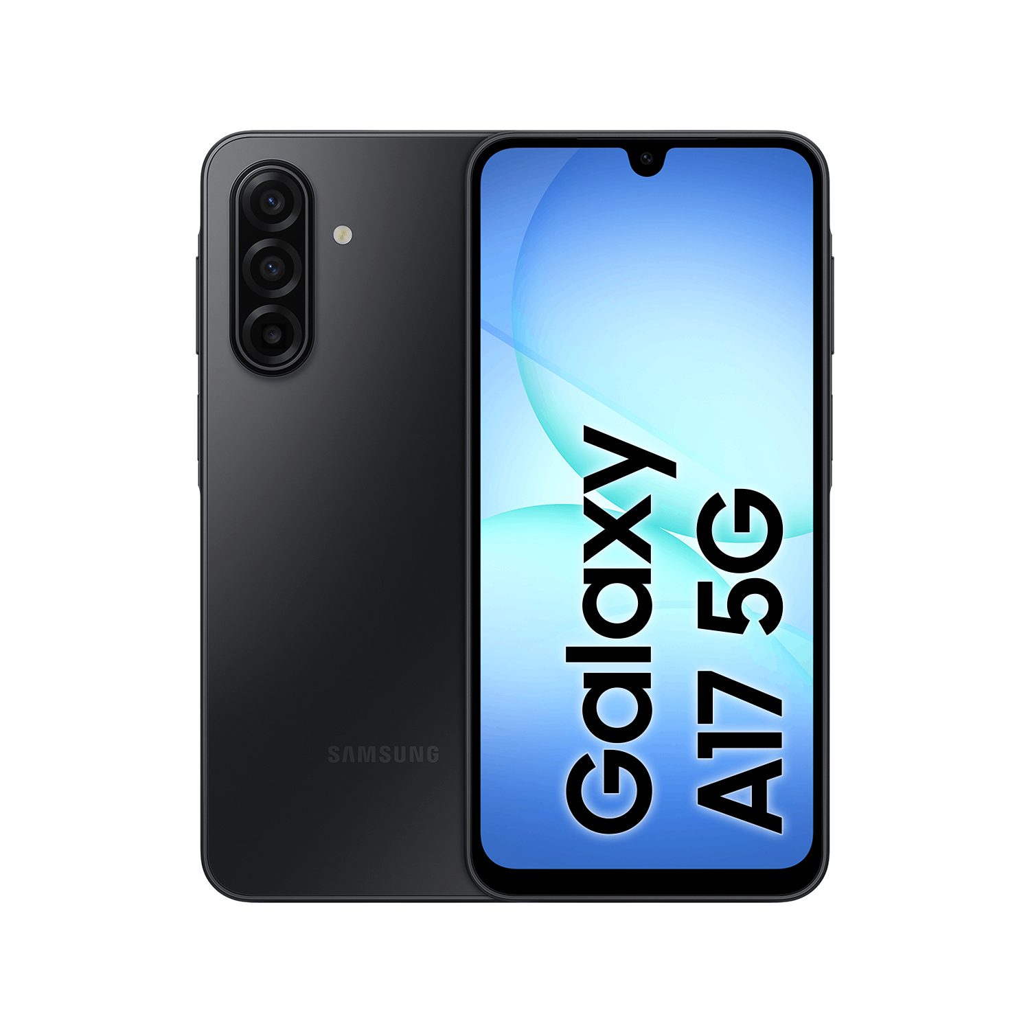 Un smartphone negro Samsung Galaxy A17 5G. La pantalla muestra el nombre del teléfono y un diseño azul y blanco. El teléfono está sobre un fondo negro.