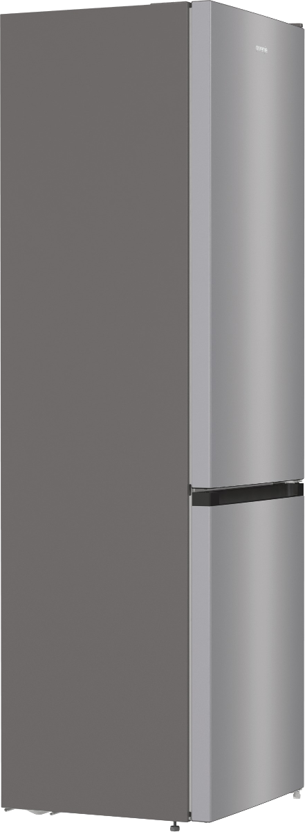 Lodówka ze stali nierdzewnej z ciemnoszarym bokiem. Ma dwoje drzwi, zamrażarkę na dole i nazwę marki na górze.