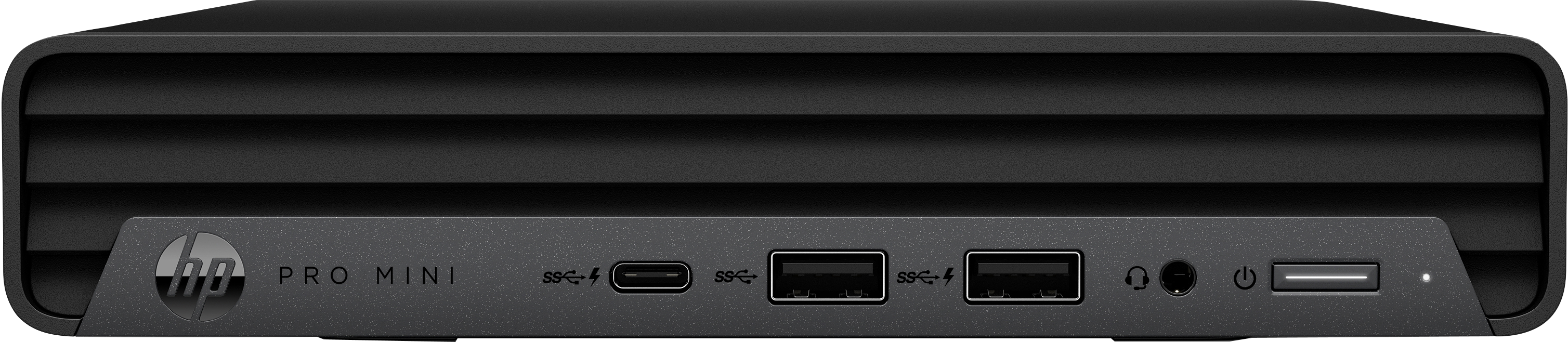 Ein schwarzer HP Pro Mini-Computer. Es hat Anschlüsse für USB, Audio, Strom und einen USB-C-Anschluss. Das HP-Logo ist sichtbar.