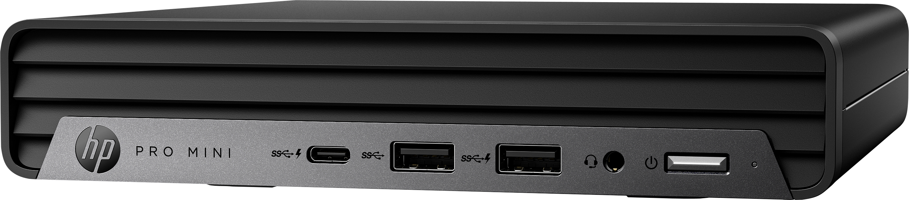 Schwarzer HP Pro Mini-Computer. Verfügt über Anschlüsse wie USB, Audioanschluss und Netzschalter. Das Gehäuse hat horizontale Linien.