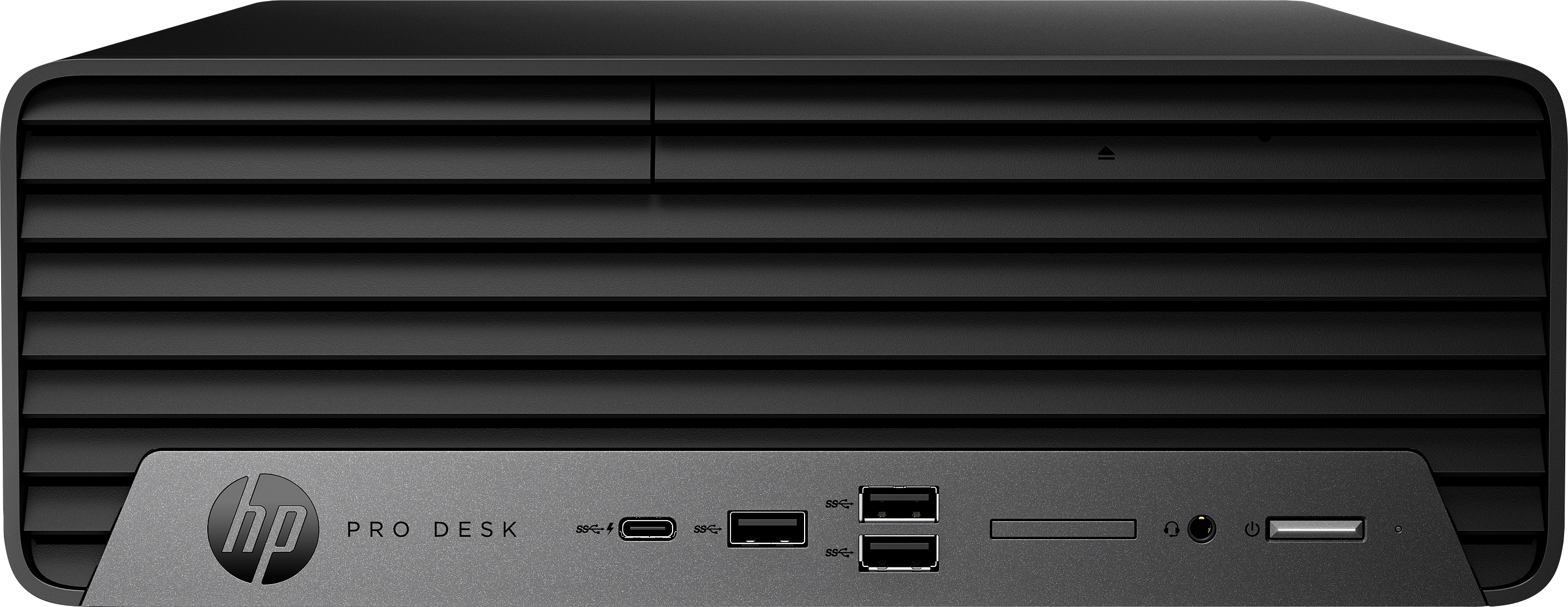 Schwarzer HP ProDesk-Computer. Er hat eine gerippte Frontplatte. Zu den Anschlüssen gehören USB, Audio und Strom. Das HP-Logo ist sichtbar.