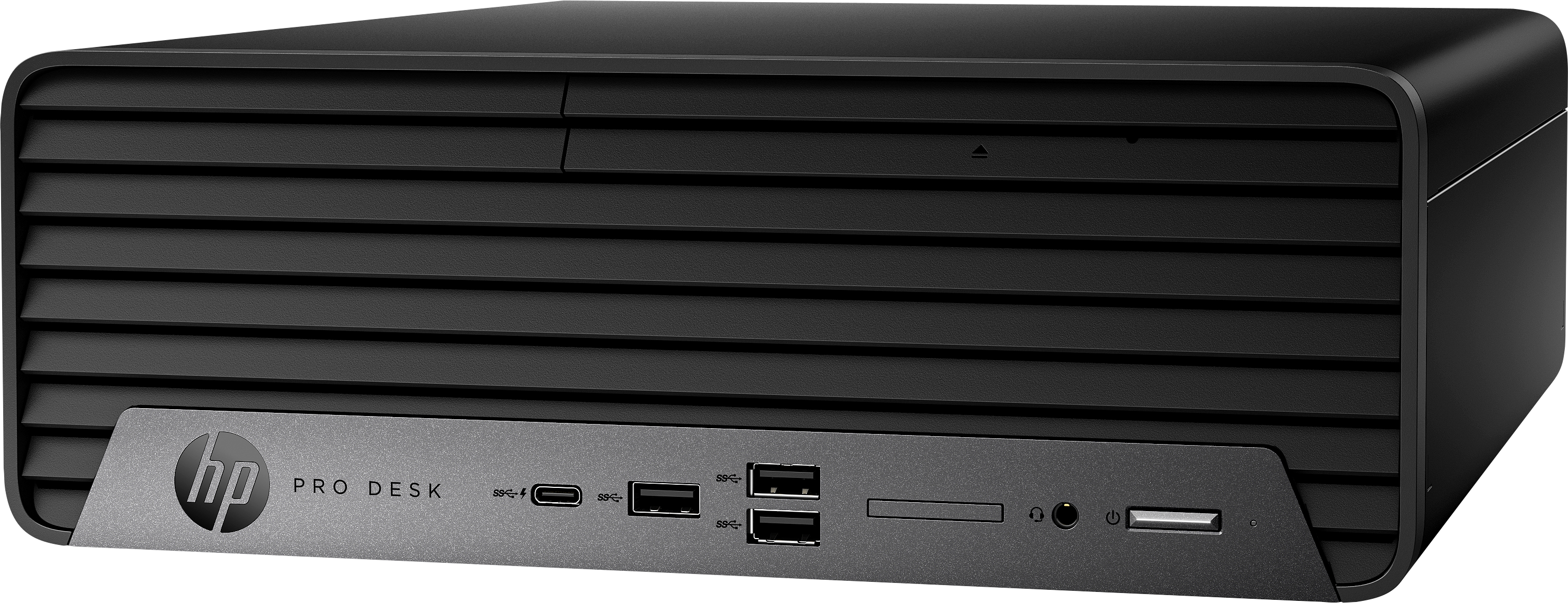 Schwarzer HP ProDesk Desktop-Computer. Er hat horizontale Linien auf der Vorderseite. Anschlüsse umfassen USB, Audio und einen Power-Button.