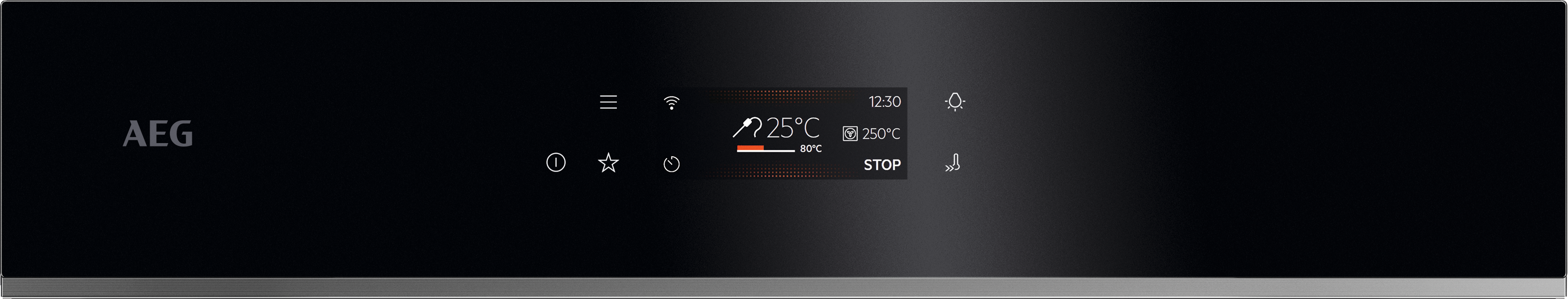 Schwarzes Bedienfeld des Backofens mit Display. Zeigt Symbole und Temperatureinstellungen. Der Markenname AEG ist sichtbar.