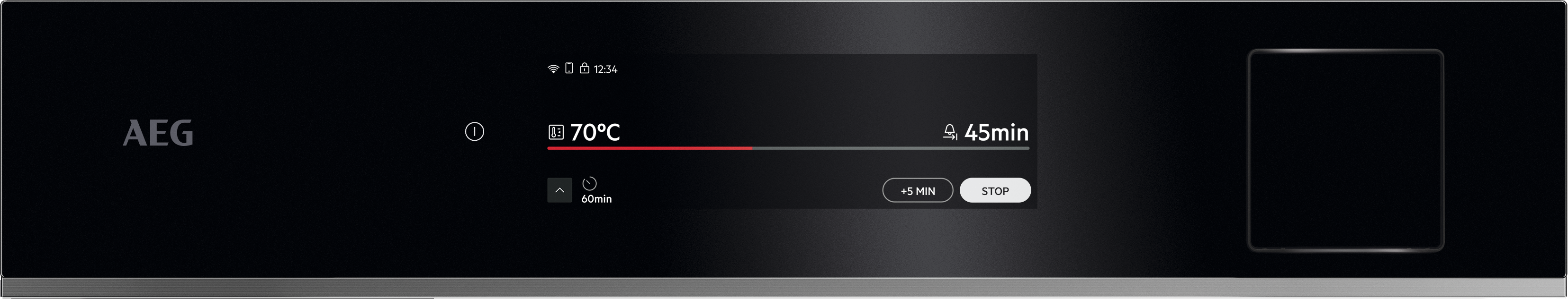 Schwarzes Ofen-Interface mit AEG-Logo, Einstellungen für 70°C, 45min Timer, und Tasten zum Anpassen oder Stoppen.