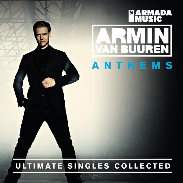 Albumcover von Armin van Buuren. Mann in schwarzem Anzug posiert. Text: 'Armin van Buuren Anthems Ultimate Singles Collected'.