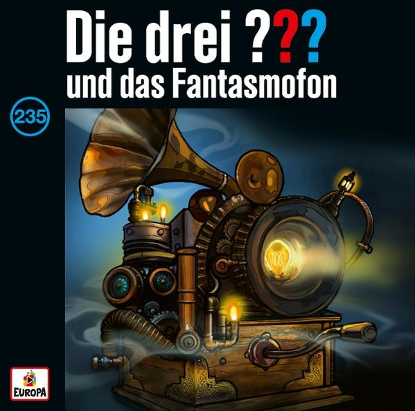 Illustration eines Steampunk-Phonographen. Der Text oben lautet: 'Die drei ??? und das Phantomfon'. Nummer 235 in einem Kreis.