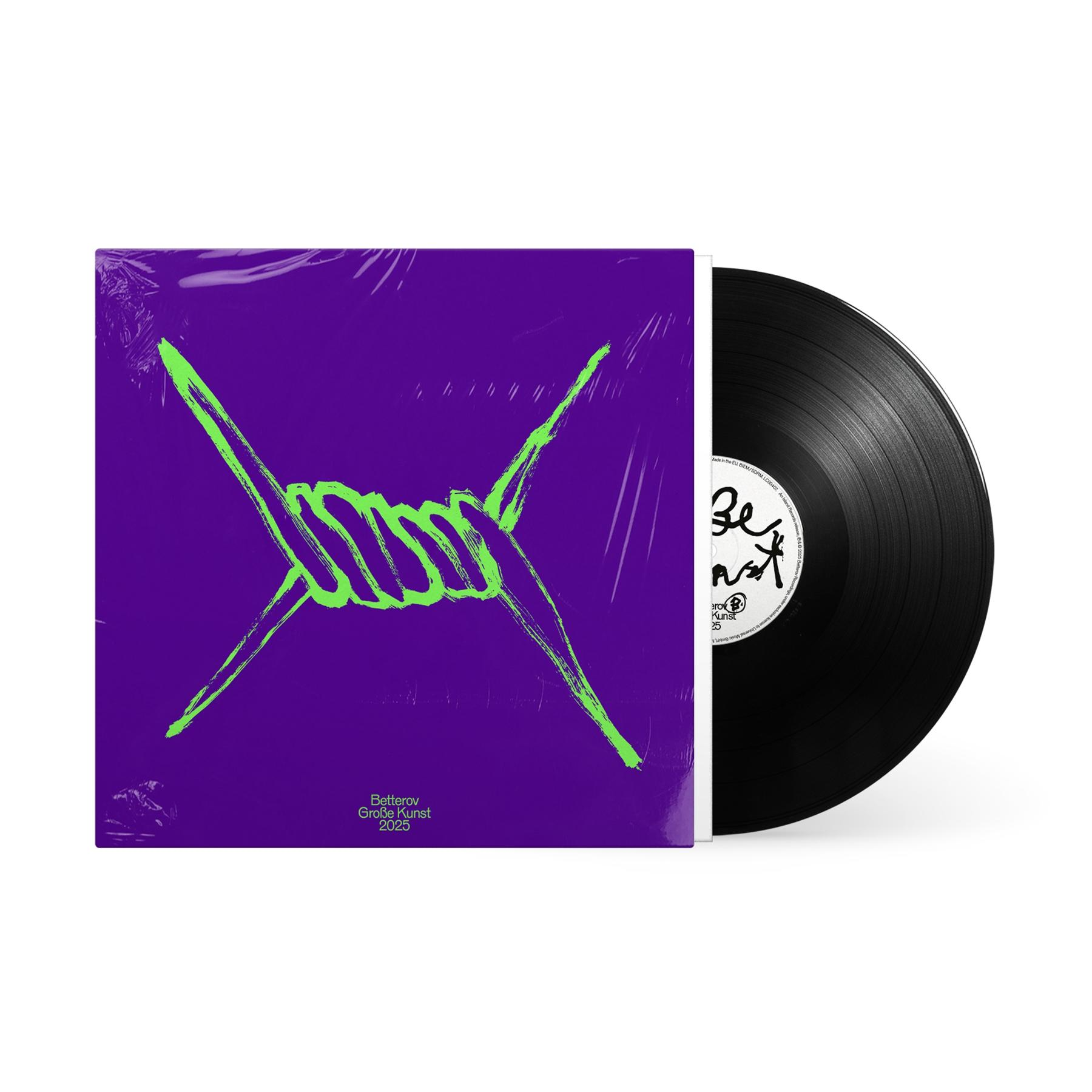 Vinylplatte mit lila Cover. Das Cover hat ein grünes Stacheldrahtdesign. Die Platte ist schwarz.