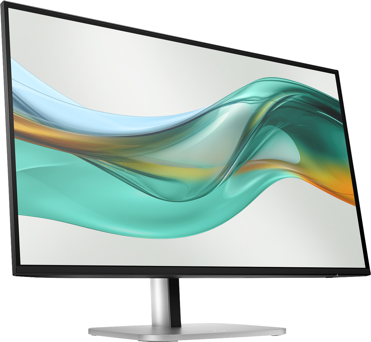 Ein Computermonitor zeigt ein fließendes abstraktes Design in Türkis, Blau und Gold vor einem weißen Hintergrund. Der Monitor ist schwarz und silber.