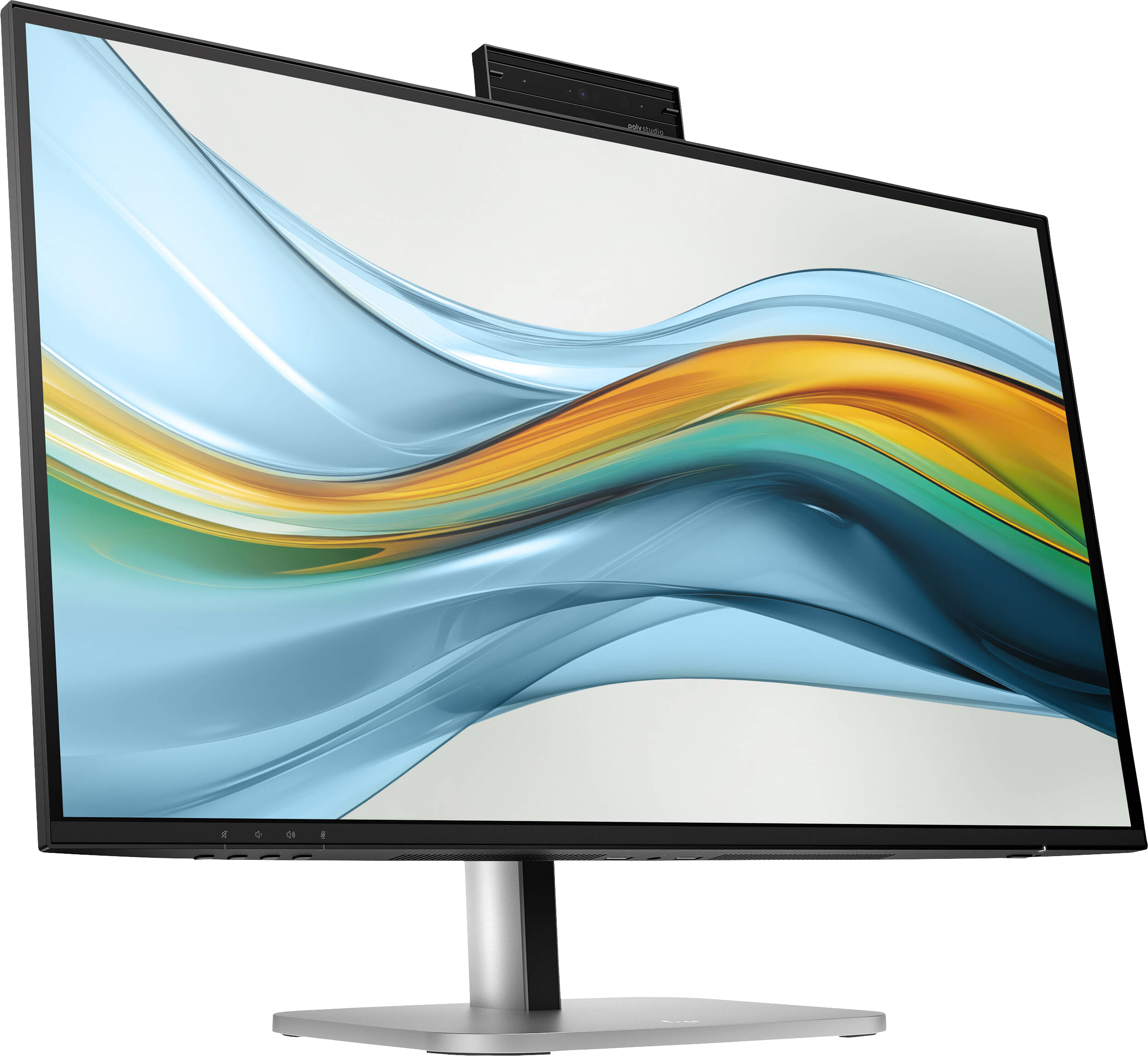 Ein Computermonitor mit gebogenem Bildschirm zeigt ein abstraktes Design mit blauen, gelben und weißen Farben. Oben ist eine Webcam.