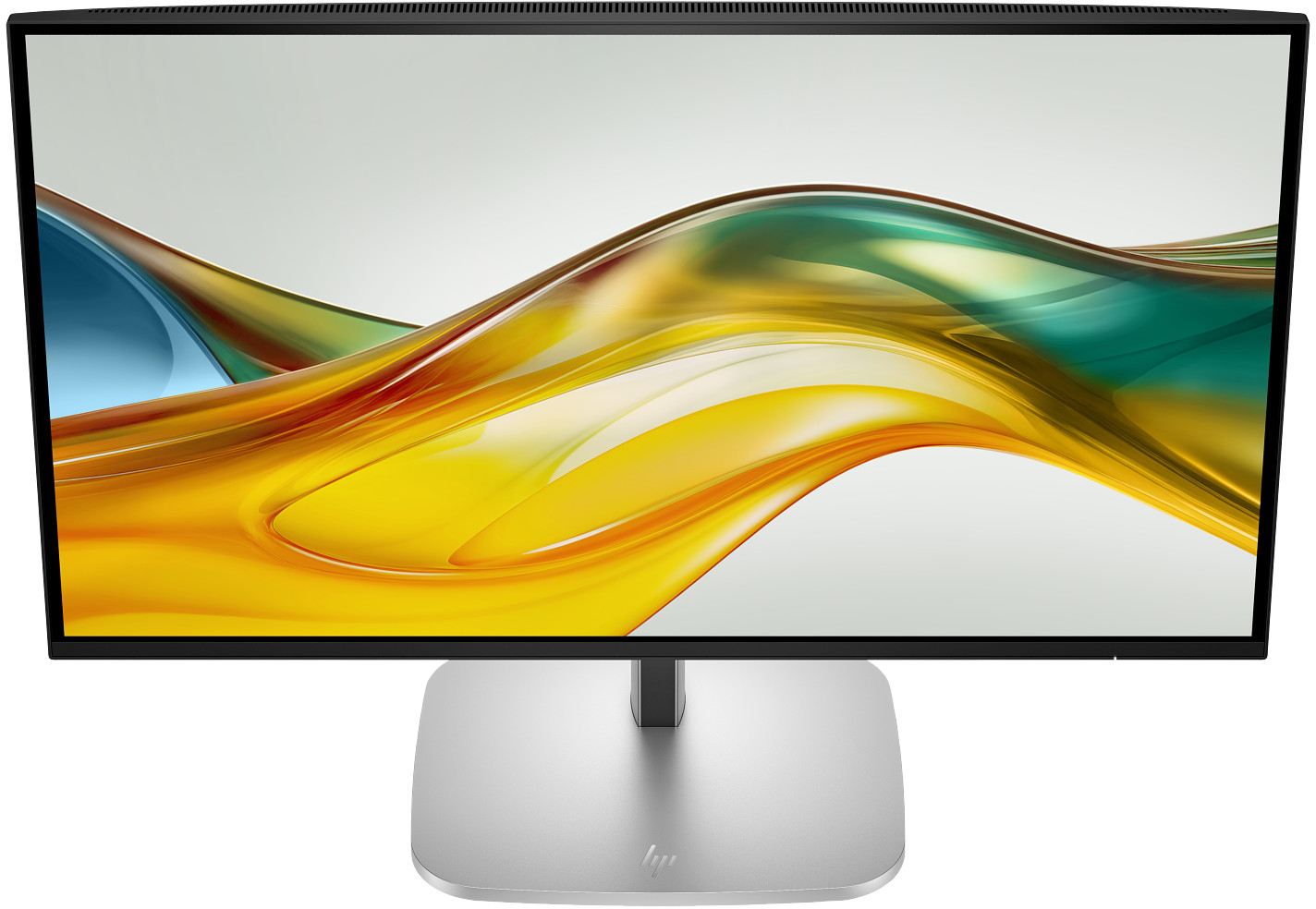 Ein Computermonitor mit einem farbenfrohen, abstrakten Design. Der Monitor hat einen schwarzen Rahmen und einen silbernen Fuß.