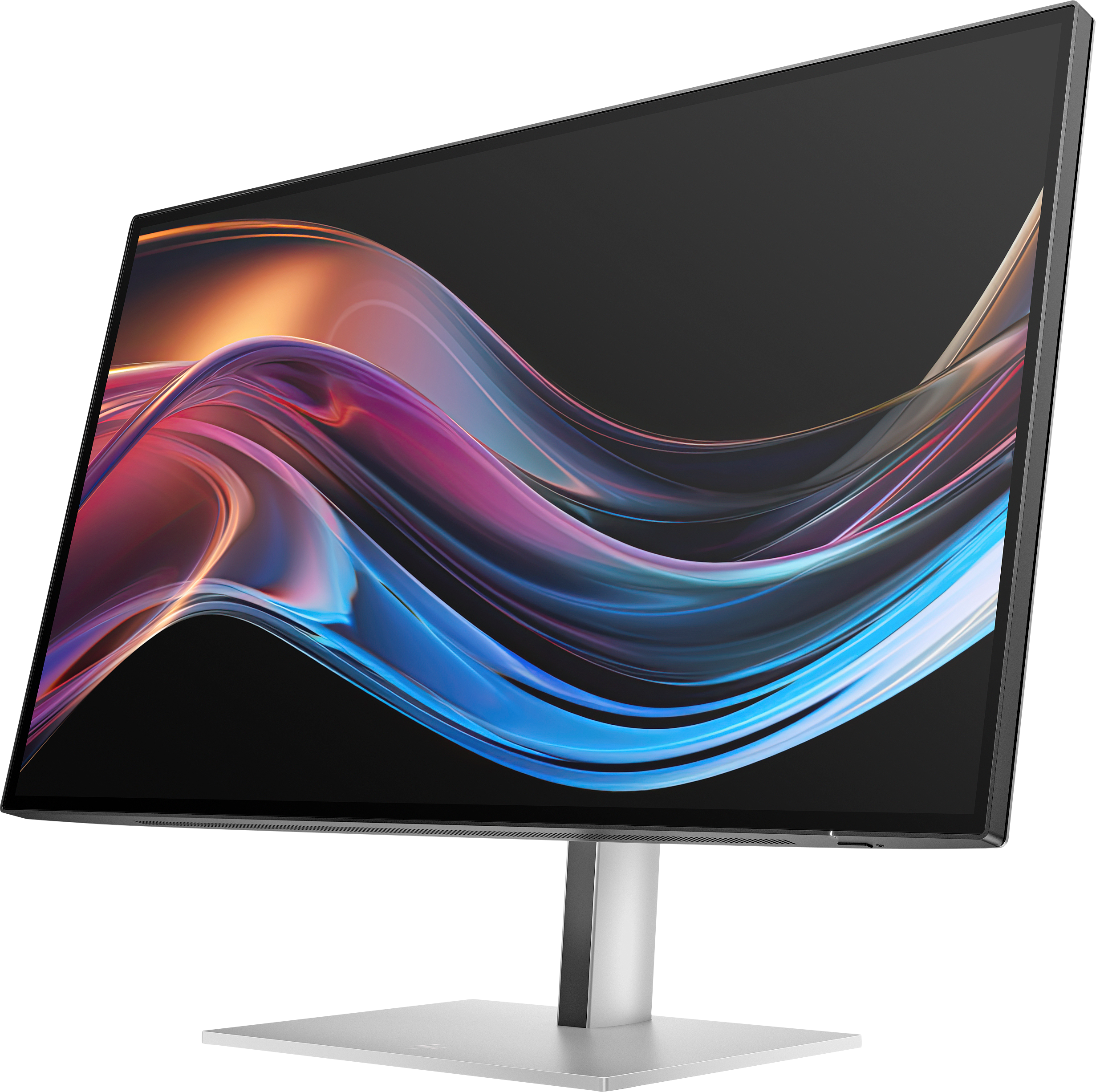 Ein Monitor mit bunten abstrakten Wellen. Er hat einen silbernen Ständer und einen schwarzen Rahmen. Der Hintergrund ist weiß.
