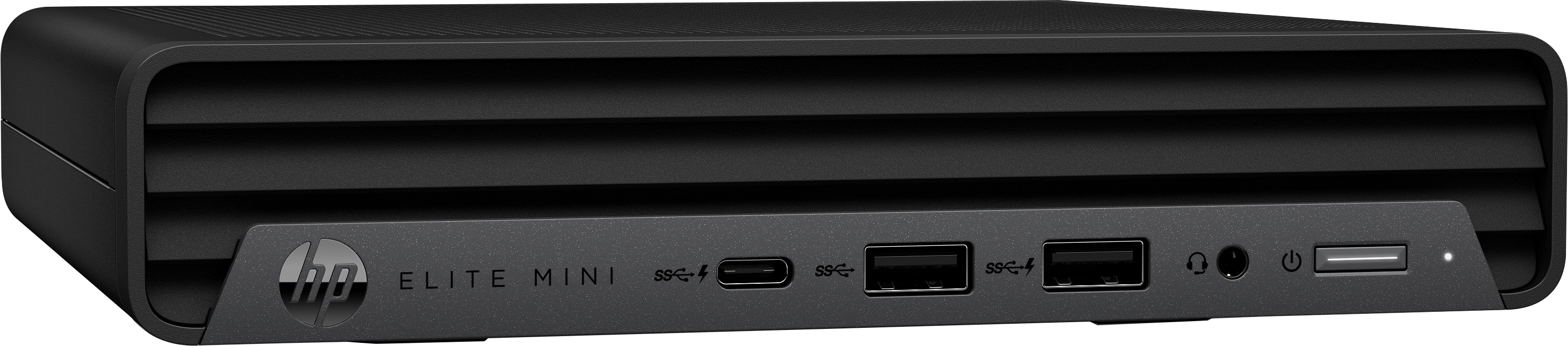 Schwarzer HP Elite Mini PC. Er hat ein Logo, Anschlüsse und die Worte Elite Mini.
