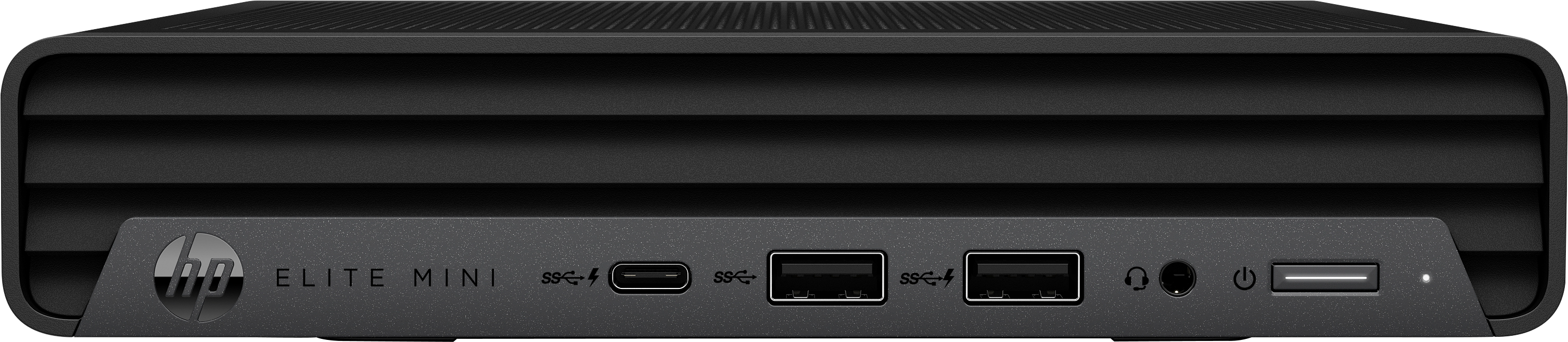 Schwarzer HP Elite Mini PC. Verfügt über Anschlüsse für USB, Audio und Strom. Hat das HP-Logo.