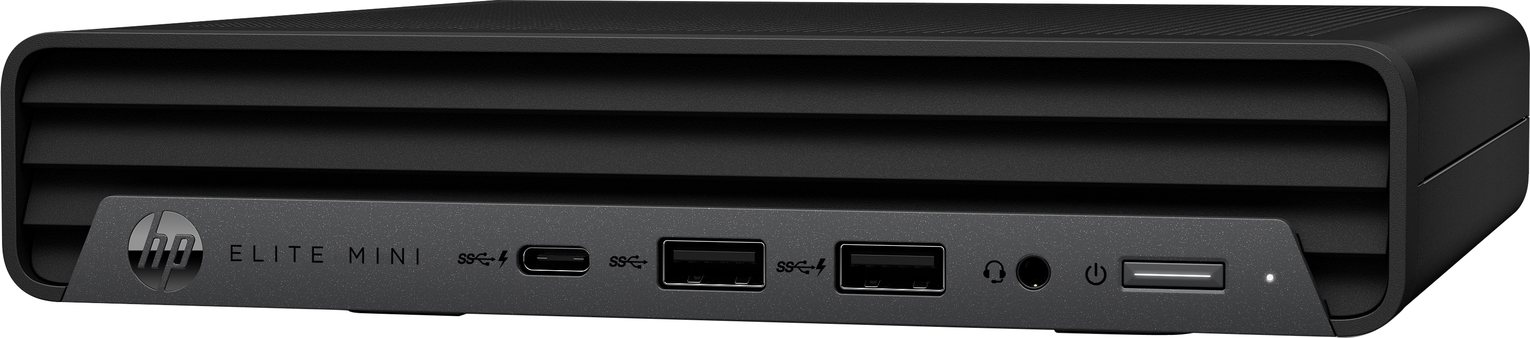 Schwarzer HP Elite Mini-Computer. Er hat mehrere Anschlüsse und das HP-Logo.