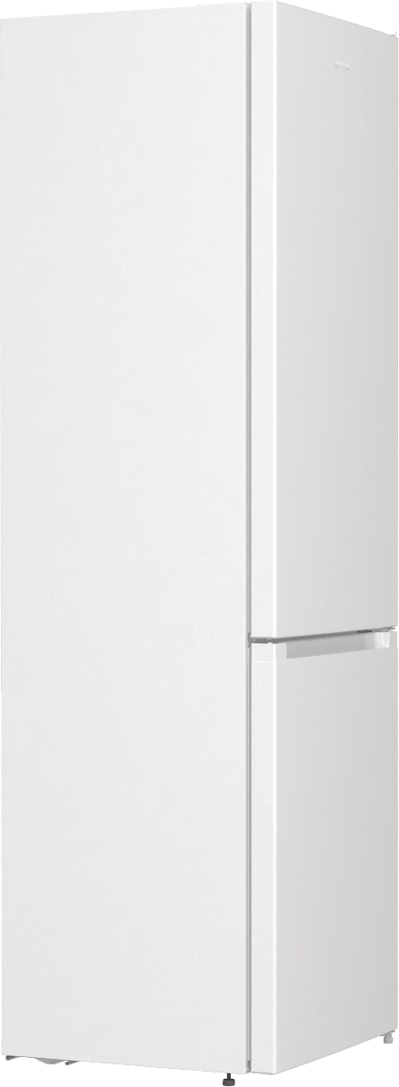 Biała lodówka stoi prosto. Ma drzwi po lewej i dwoje drzwi po prawej, z uchwytem na dole.