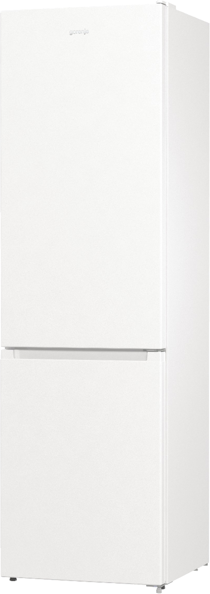 Biała lodówka Gorenje. Posiada dwoje drzwi, górne drzwi i dolną szufladę, z nazwą marki na górze.