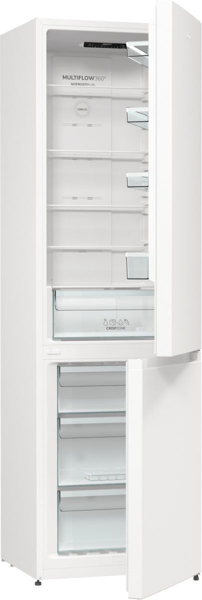Biała lodówka z otwartymi drzwiami. Wewnątrz widoczne półki i szuflady, oznaczone 'CrispZone' i 'Multiflow360'.