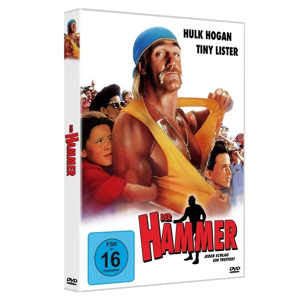 DVD-Cover für Der Hammer mit Hulk Hogan. Hogan in gelbem Top, blauem Bandana. Andere Schauspieler, Publikum im Hintergrund. Titel und Bewertung.
