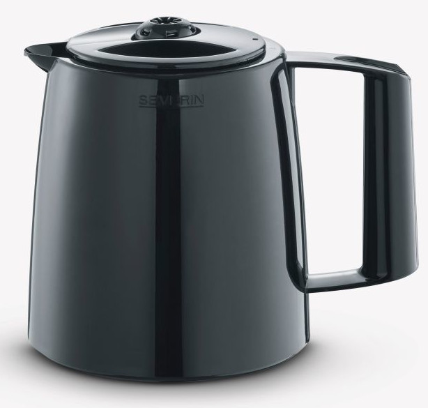 Czarny dzbanek do kawy z uchwytem, pokrywką i wylewką. Dzbanek ma błyszczące wykończenie i widoczna jest nazwa marki Severin.