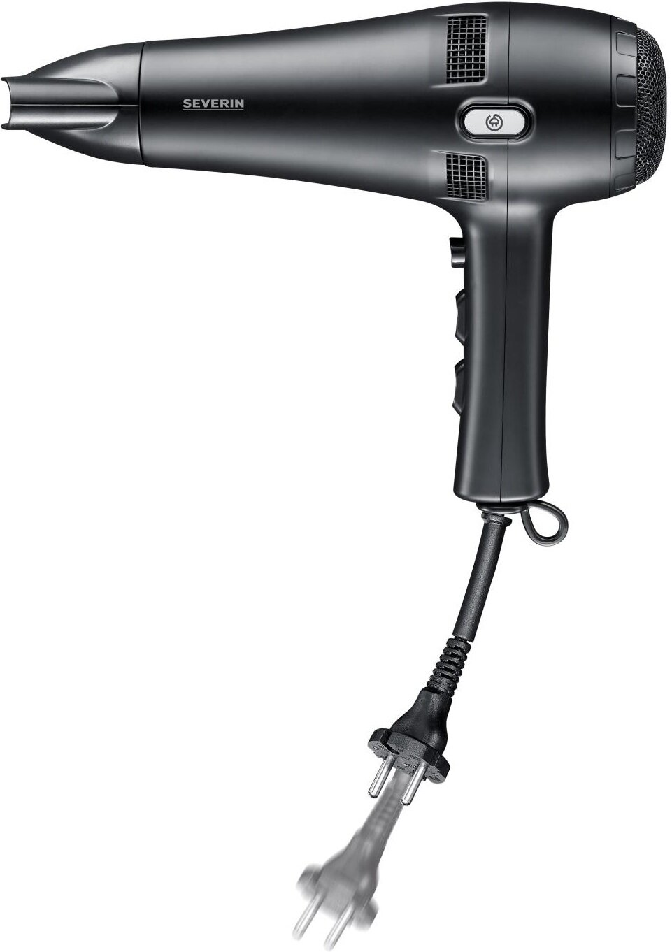 Czarna suszarka do włosów z przewodem zasilającym i wtyczką. Jest umieszczona na białym tle.